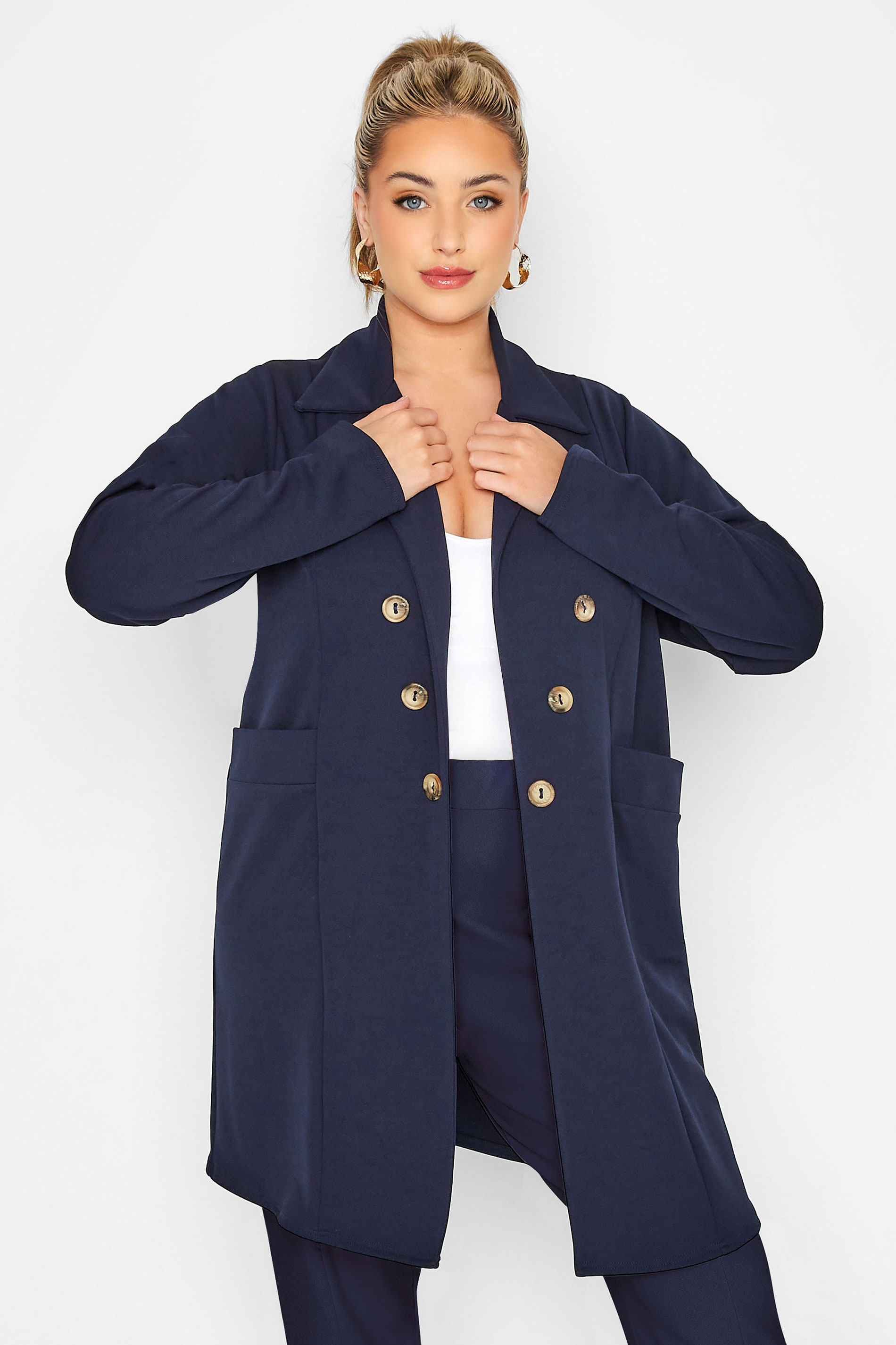 LIMITED COLLECTION Plus Size Navy Blue Button Front Blazer | Yours Clothing 1