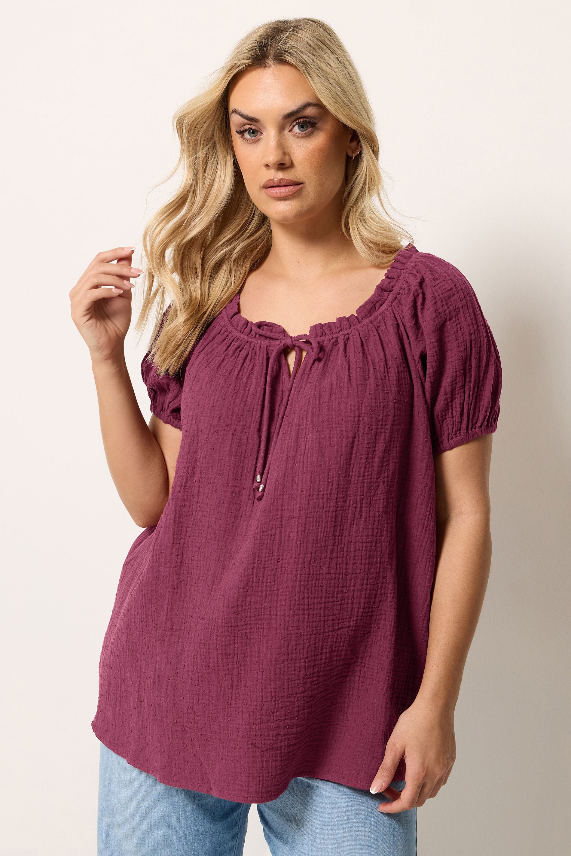 YOURS Plus Size Burgundy Red Dobby Bardot Cheesecloth Top | Yours Clothing 3