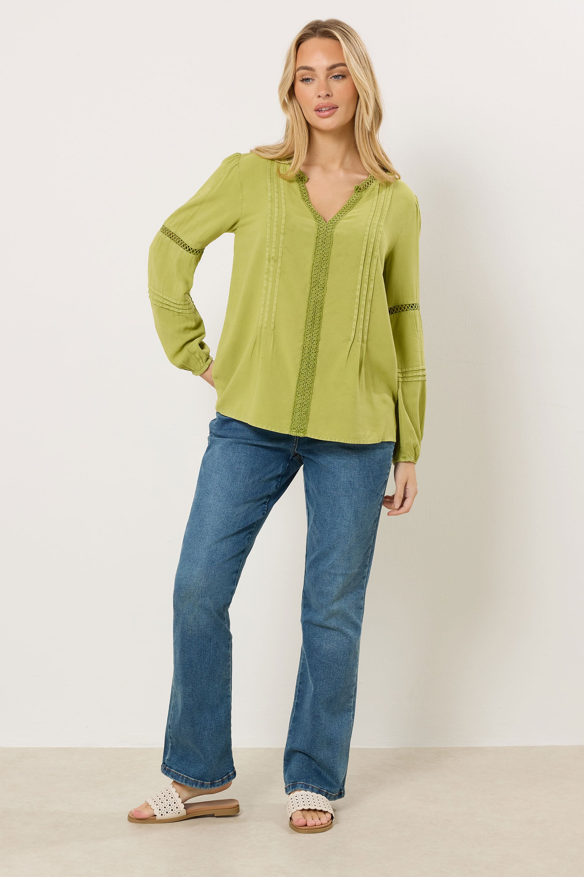 M&Co Green Lace Trim Pintuck Blouse | M&Co 1