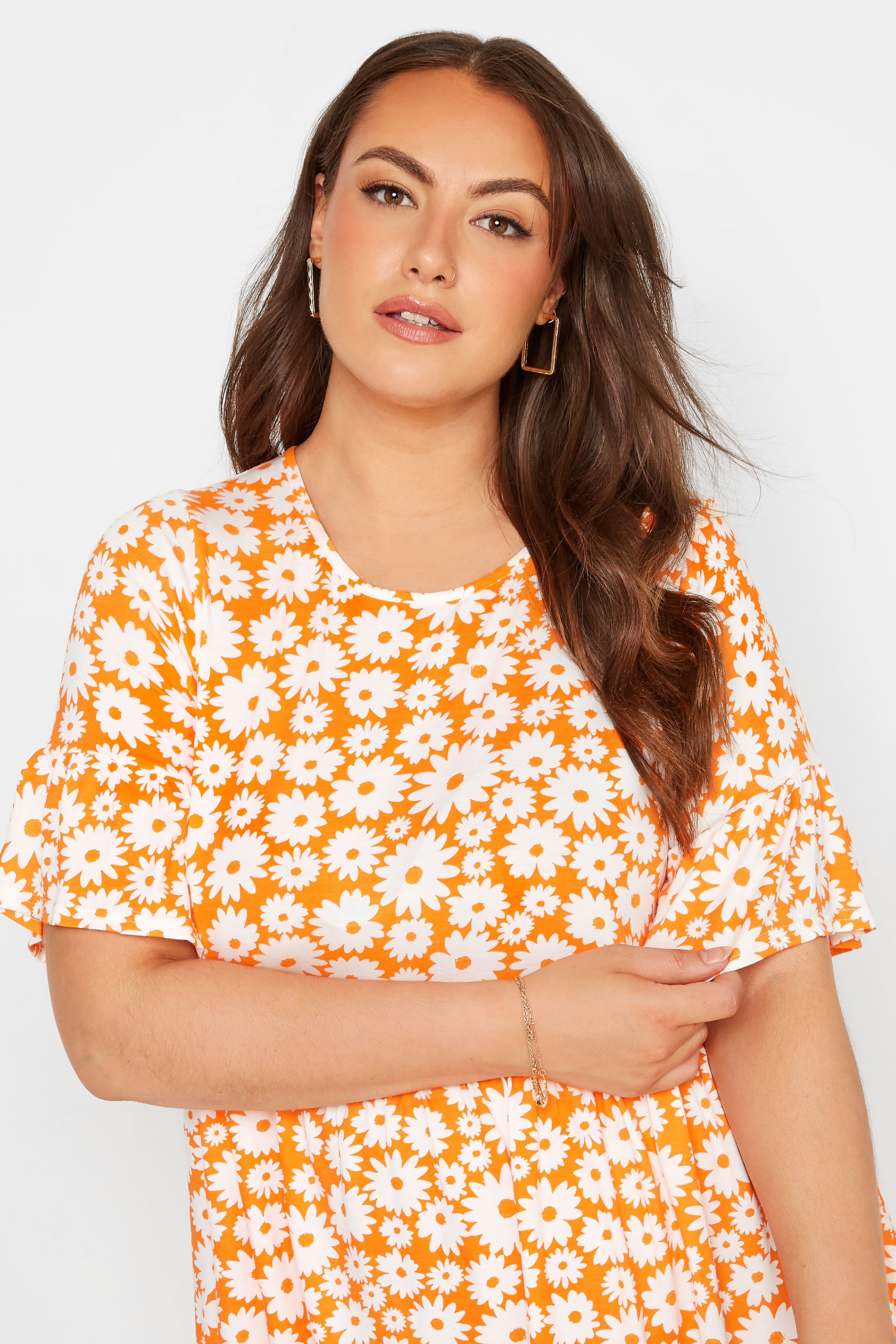 Robes Grande Taille Grande taille  Robes Imprimé Floral | Tunique Orange Floral Smocké Manches Volantées - TP65863