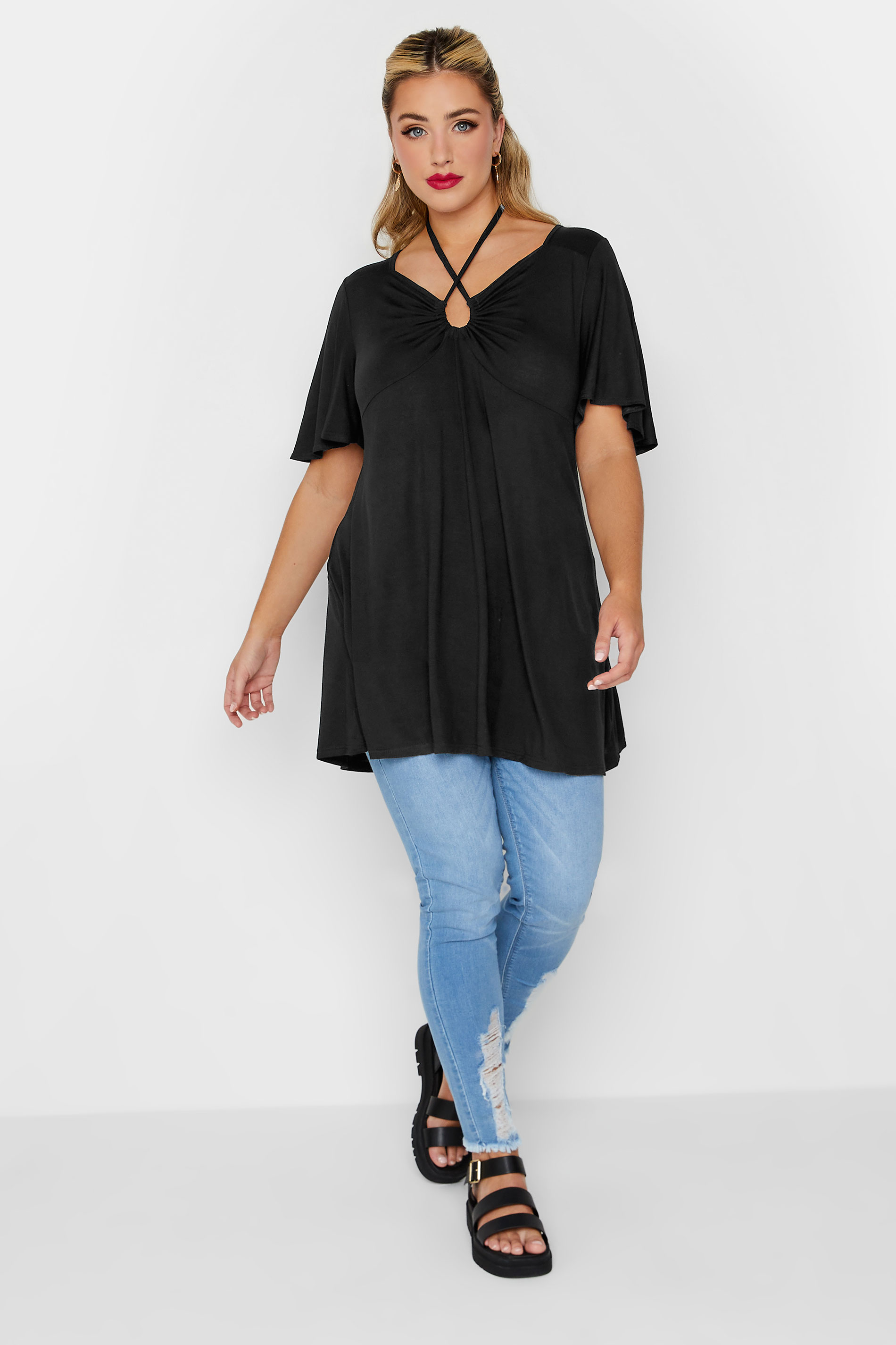 LIMITED COLLECTION Curve Plus Size Black Tie Neck Top | Yours Clothing  3