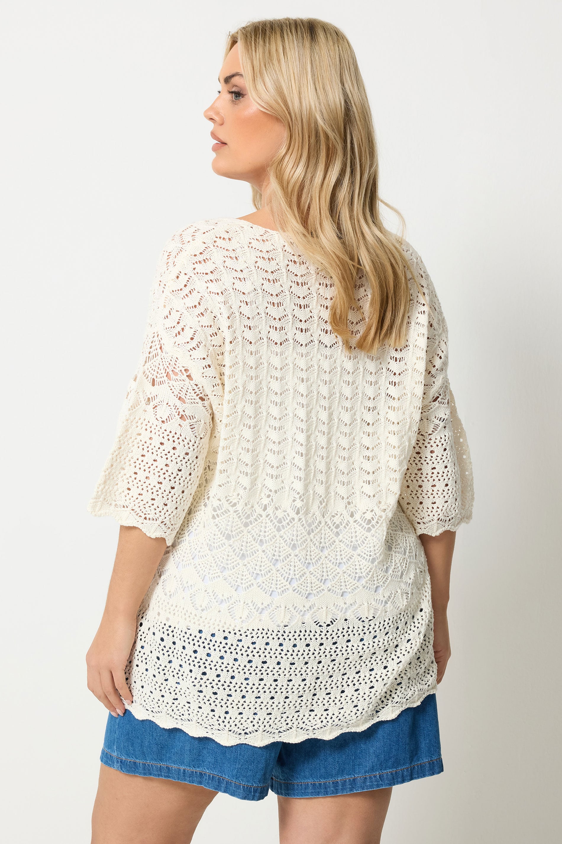 YOURS Plus Size Ivory White Crochet Crew Neck Top | Yours Clothing 2