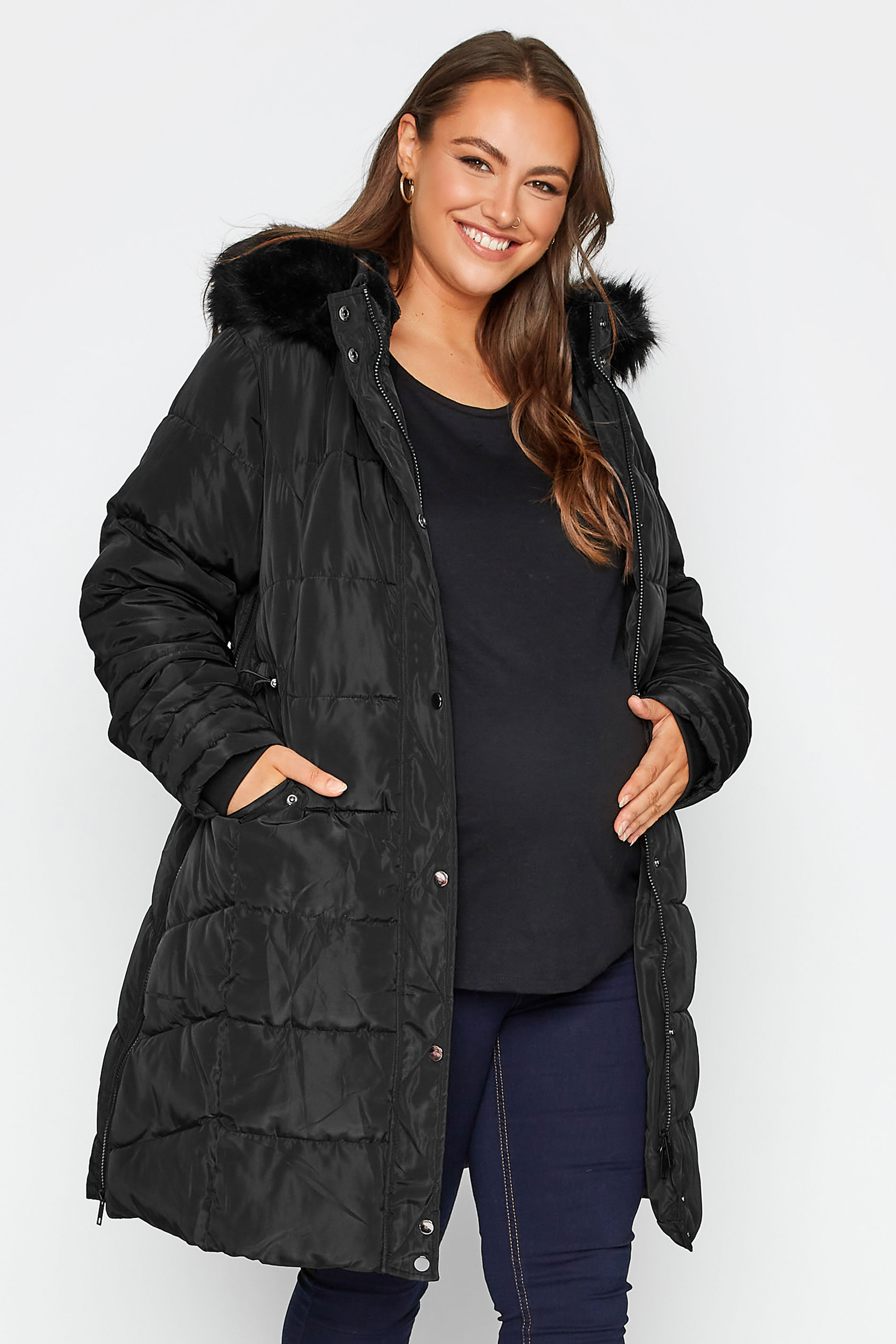 BUMP IT UP Maternity Plus Size Black Panelled Puffer Midi Coat | Yours Clothing 1