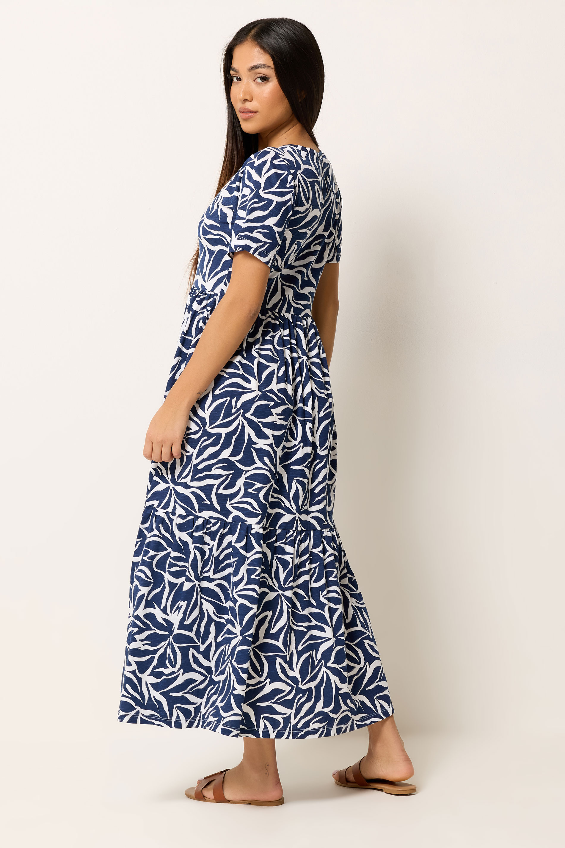 M&Co Petite Navy Blue Abstract Print Tiered Cotton Maxi Dress | M&Co 2