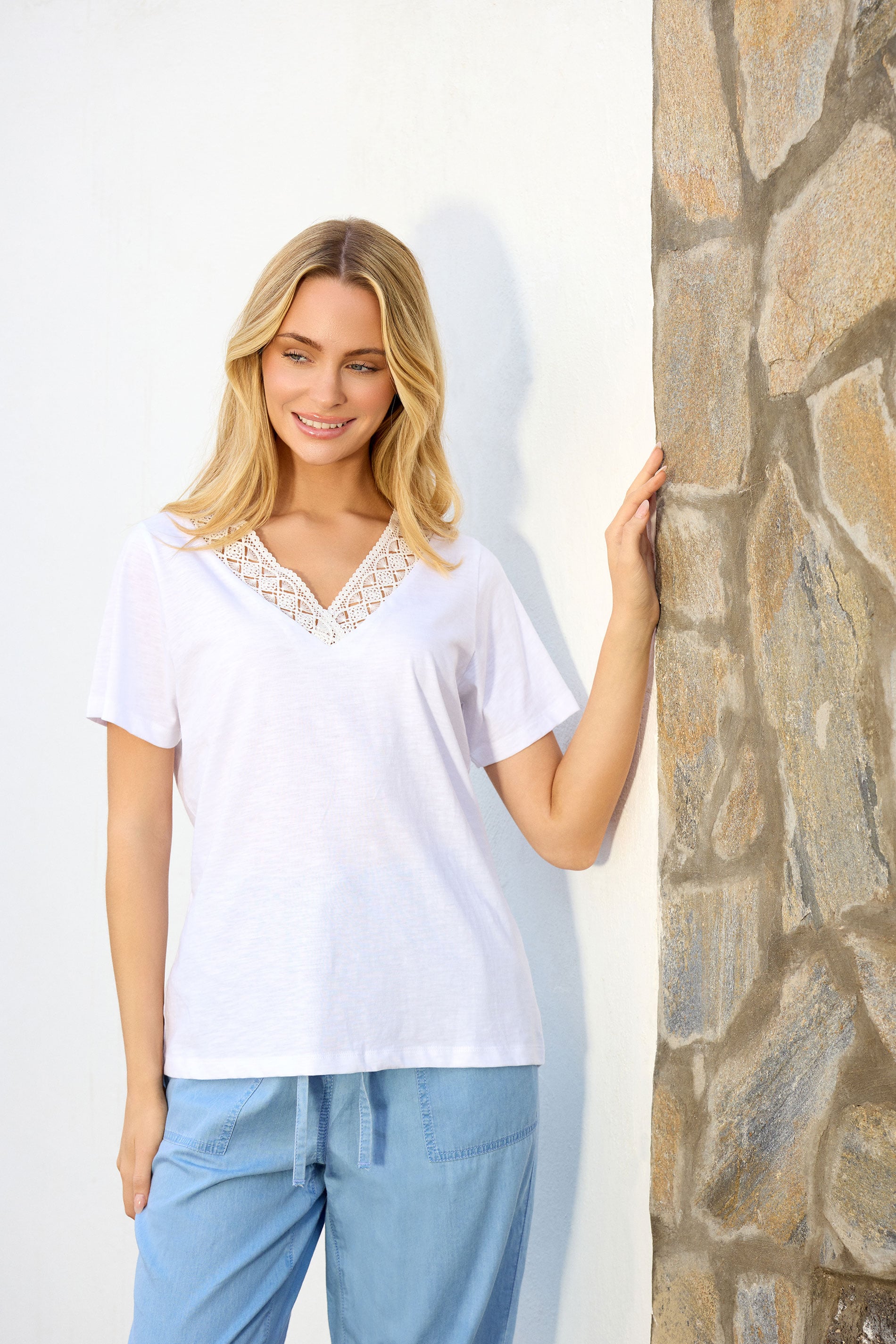M&Co White Lace Trim V-Neck Cotton T-Shirt | M&Co 3