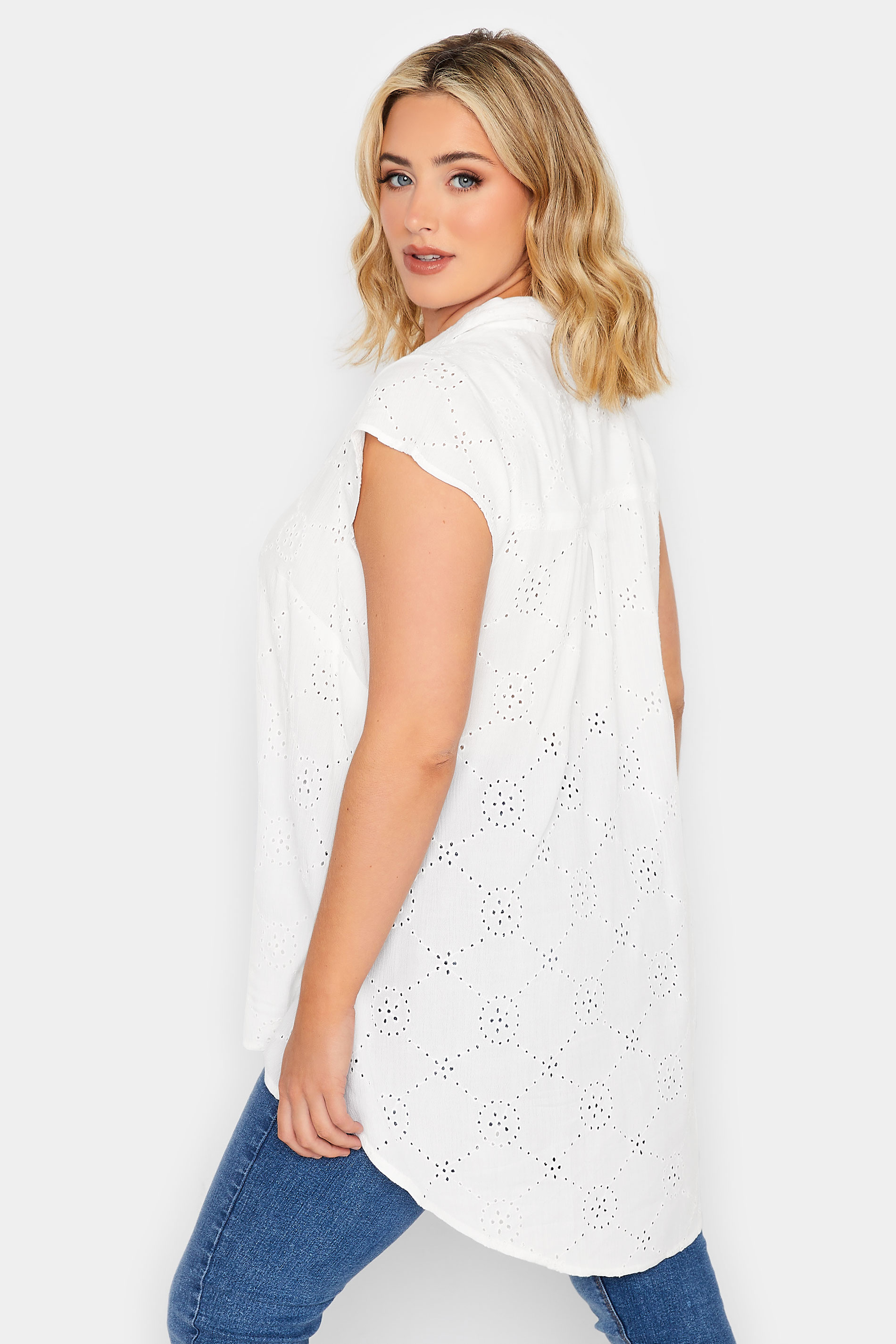 YOURS Plus Size White Broderie Anglaise Sleeveless Blouse | Yours Clothing 3