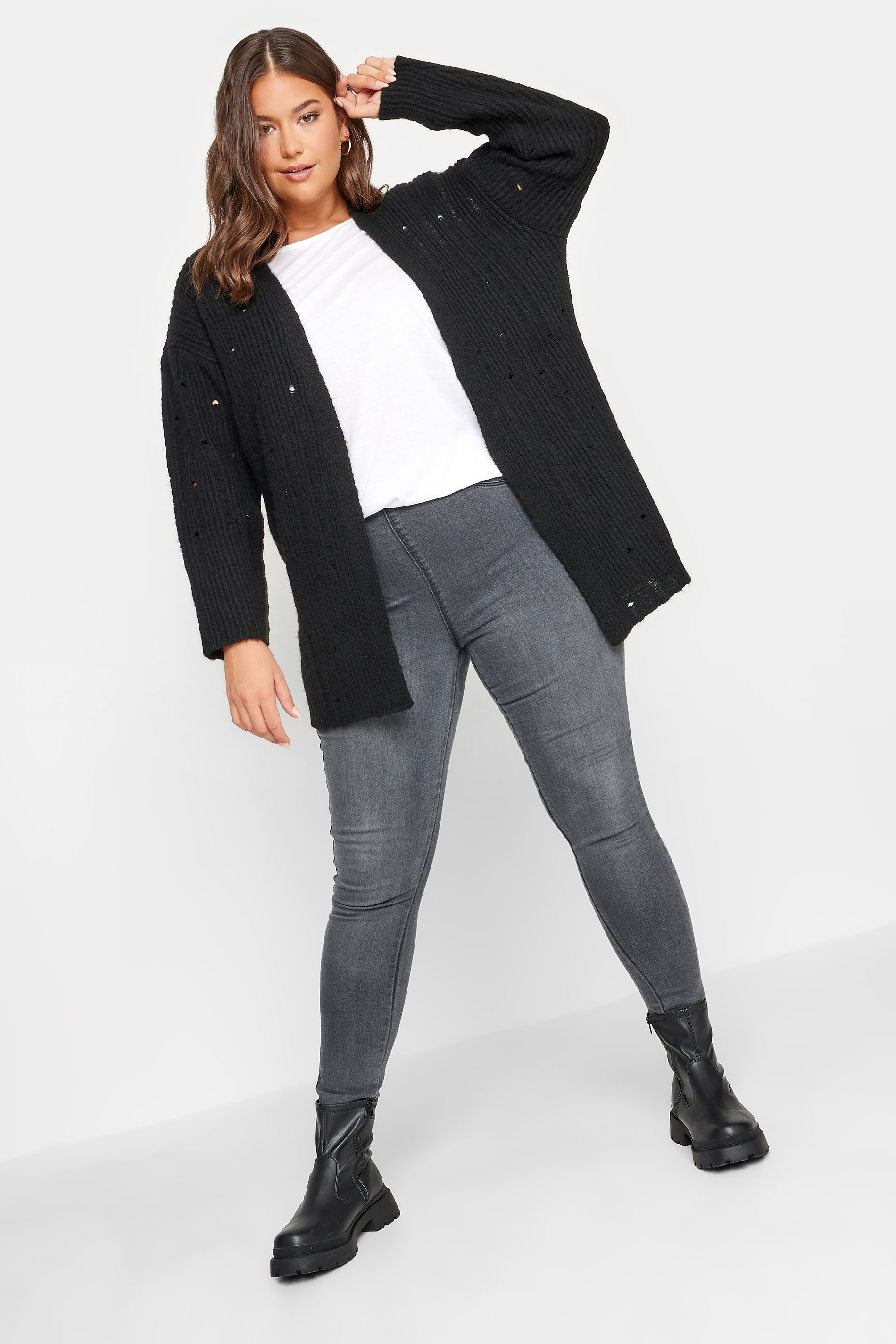 YOURS Plus Size Black Distressed Knit Cardigan | Yours Clothing 2