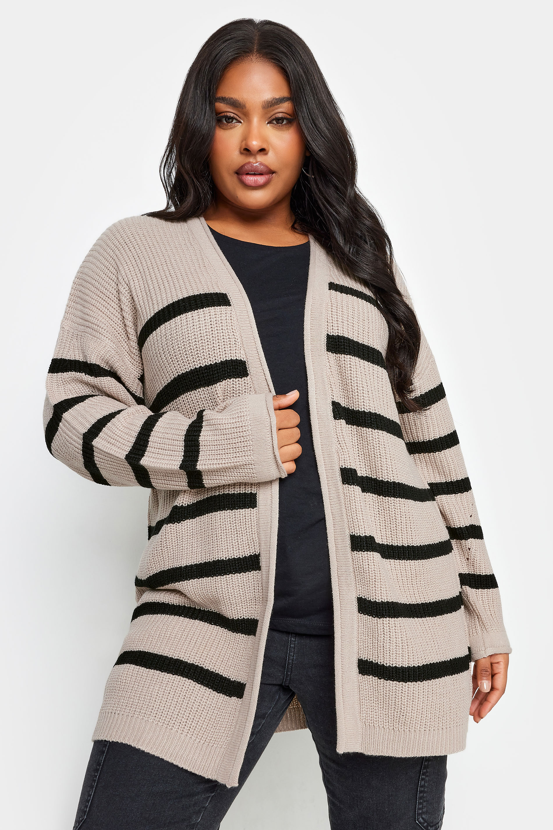 YOURS Plus Size Beige Brown & Black Striped Cardigan | Yours Clothing 1
