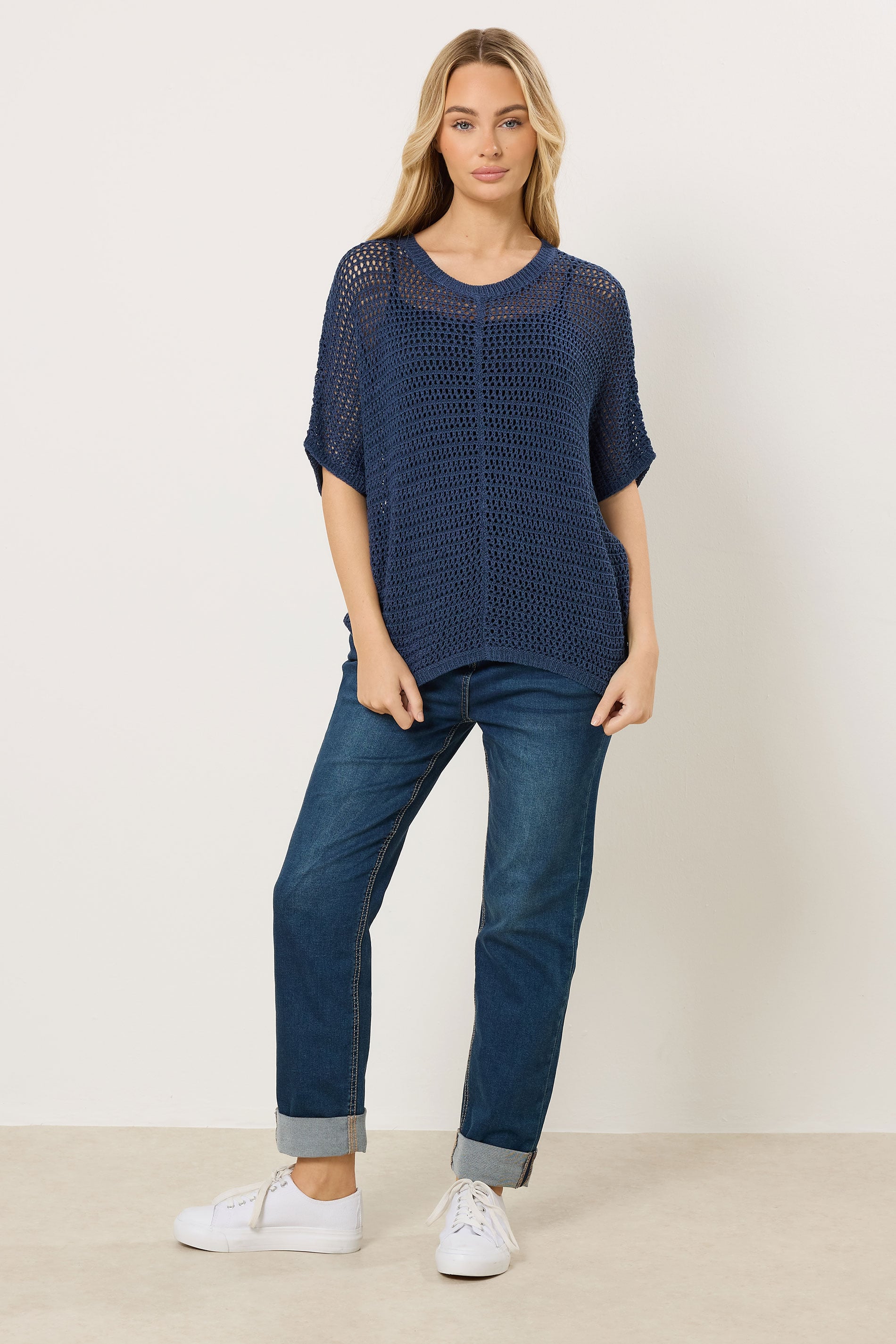 M&Co Navy Blue Crochet Short Sleeve Jumper | M&Co  1