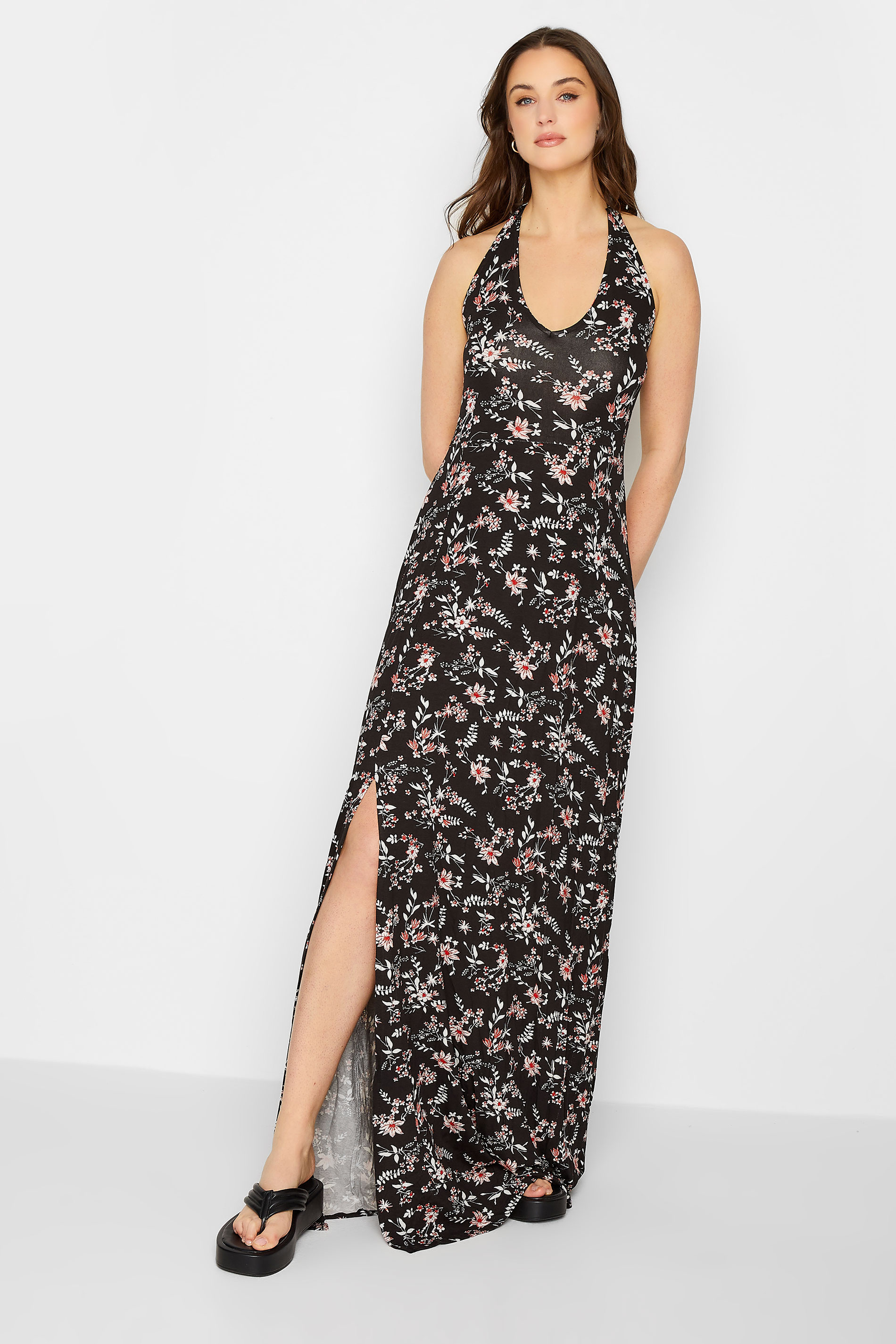 LTS Tall Women's Black Floral Halter Neck Side Split Maxi Dress | Long Tall Sally 2