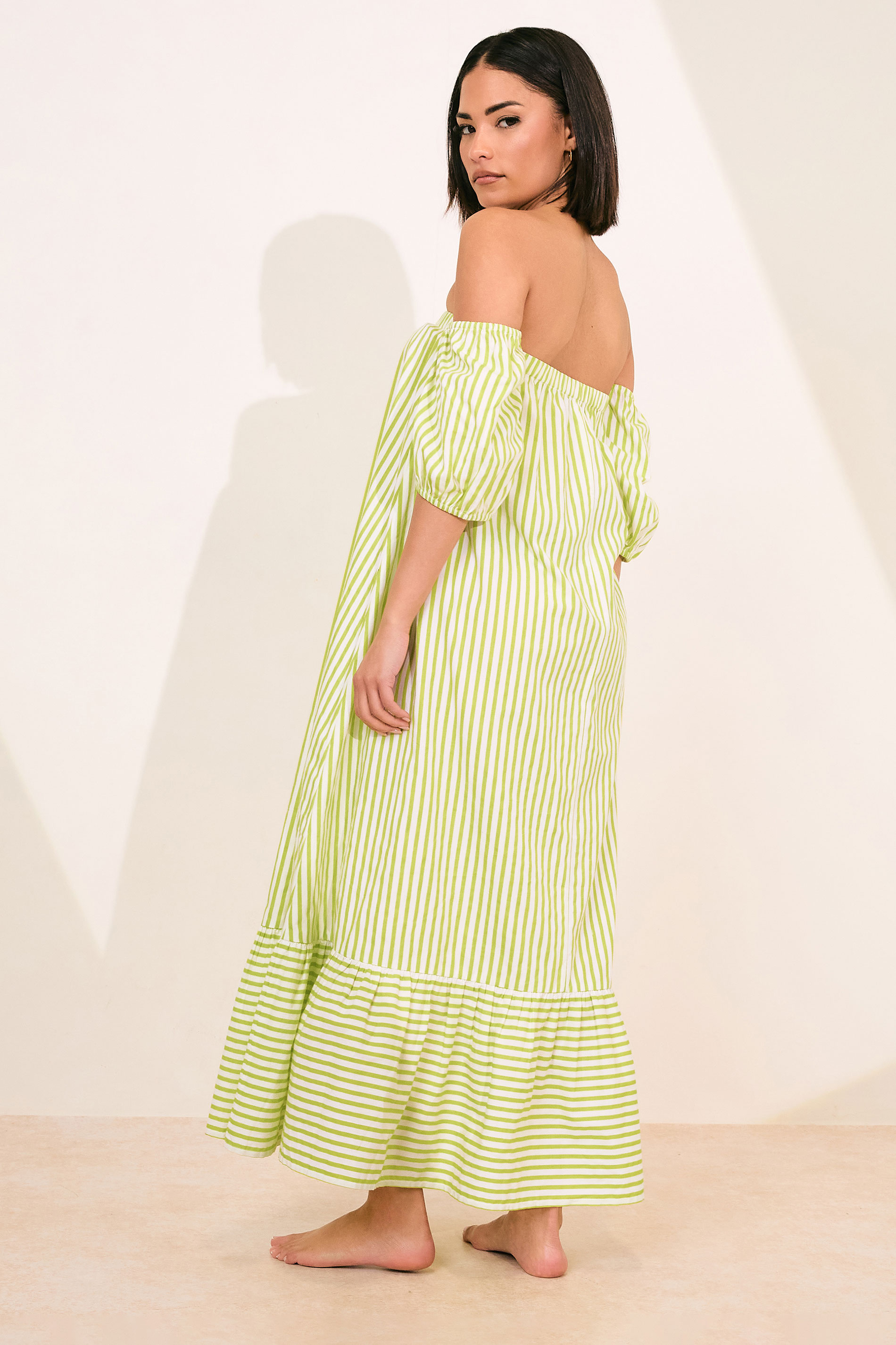 PixieGirl Petite Women's Lime Green Stripe Bardot Cotton Maxi Dress | PixieGirl 5