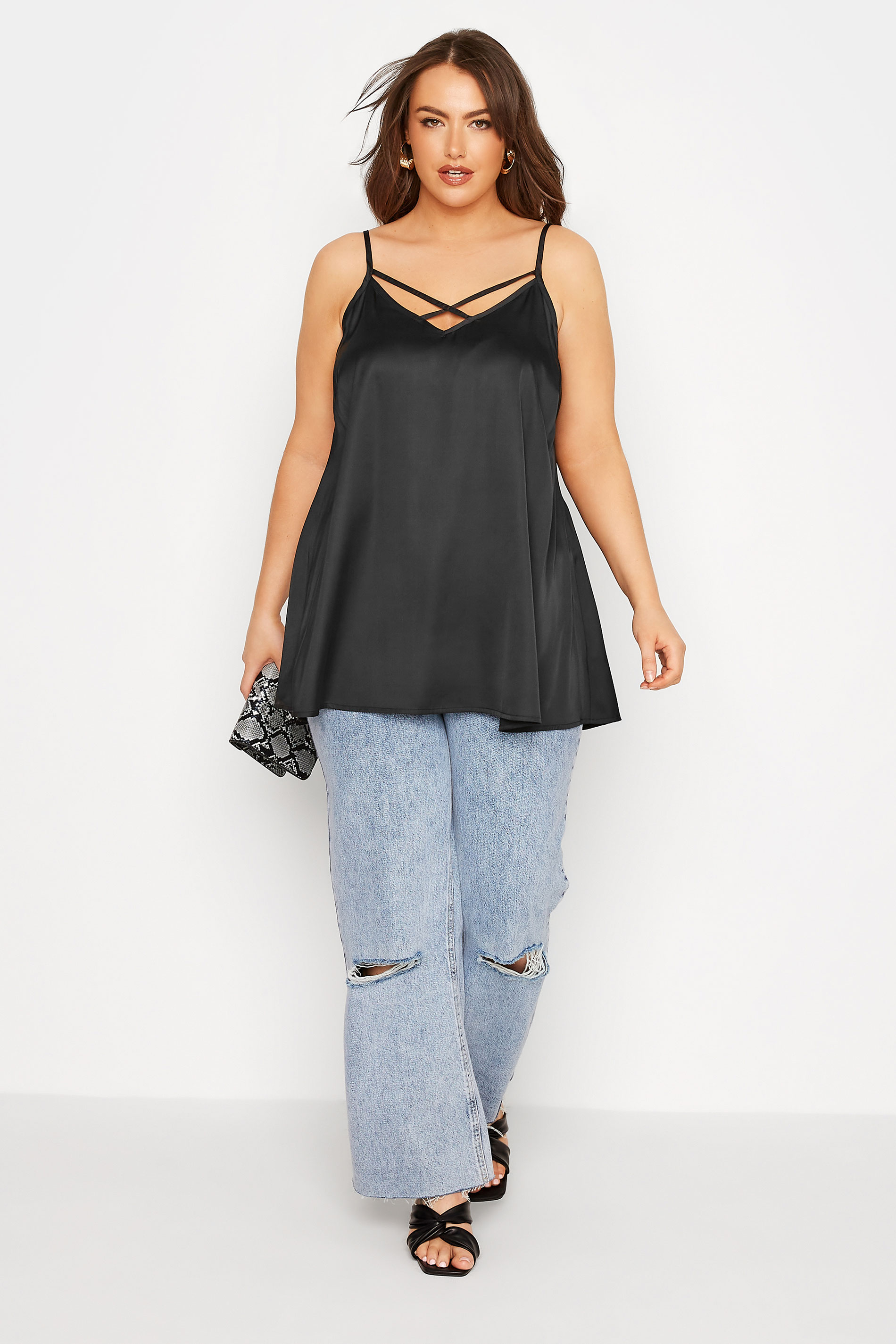 LIMITED COLLECTION Plus Size Black Satin Cami Top | Yours Clothing  2
