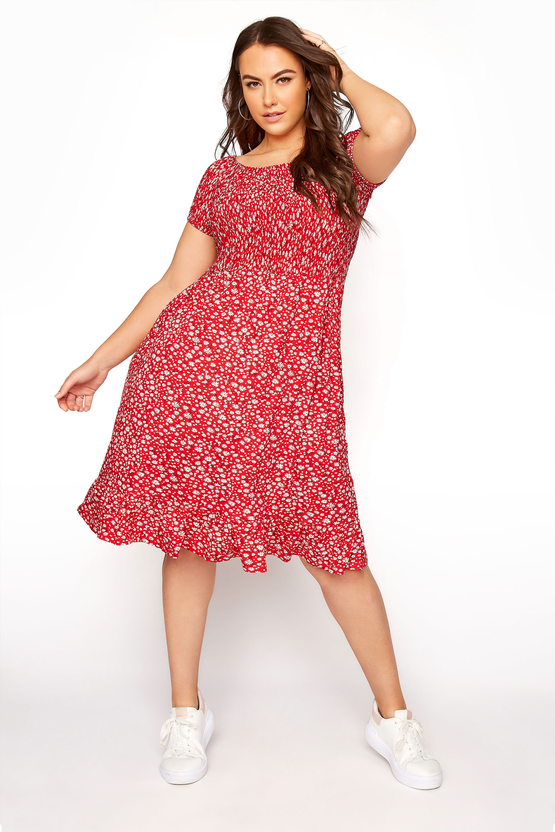 Red Ditsy Shirred Bardot Dress | Yours Clothing