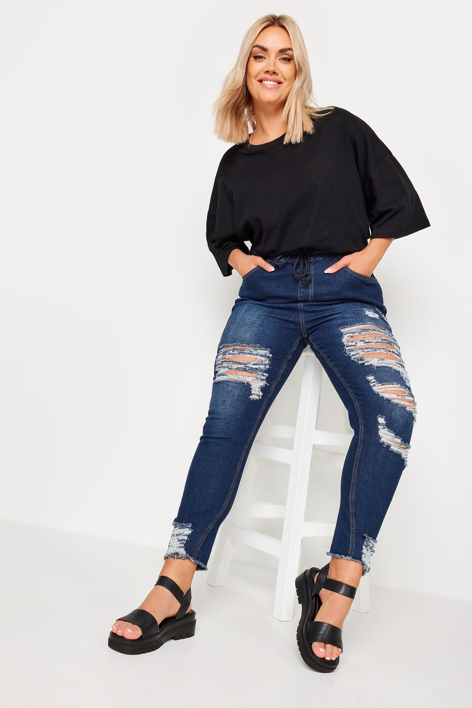 Plus Size Blue Elasticated Waist Ripped Skinny AVA Jeans | Yours Clothing  2