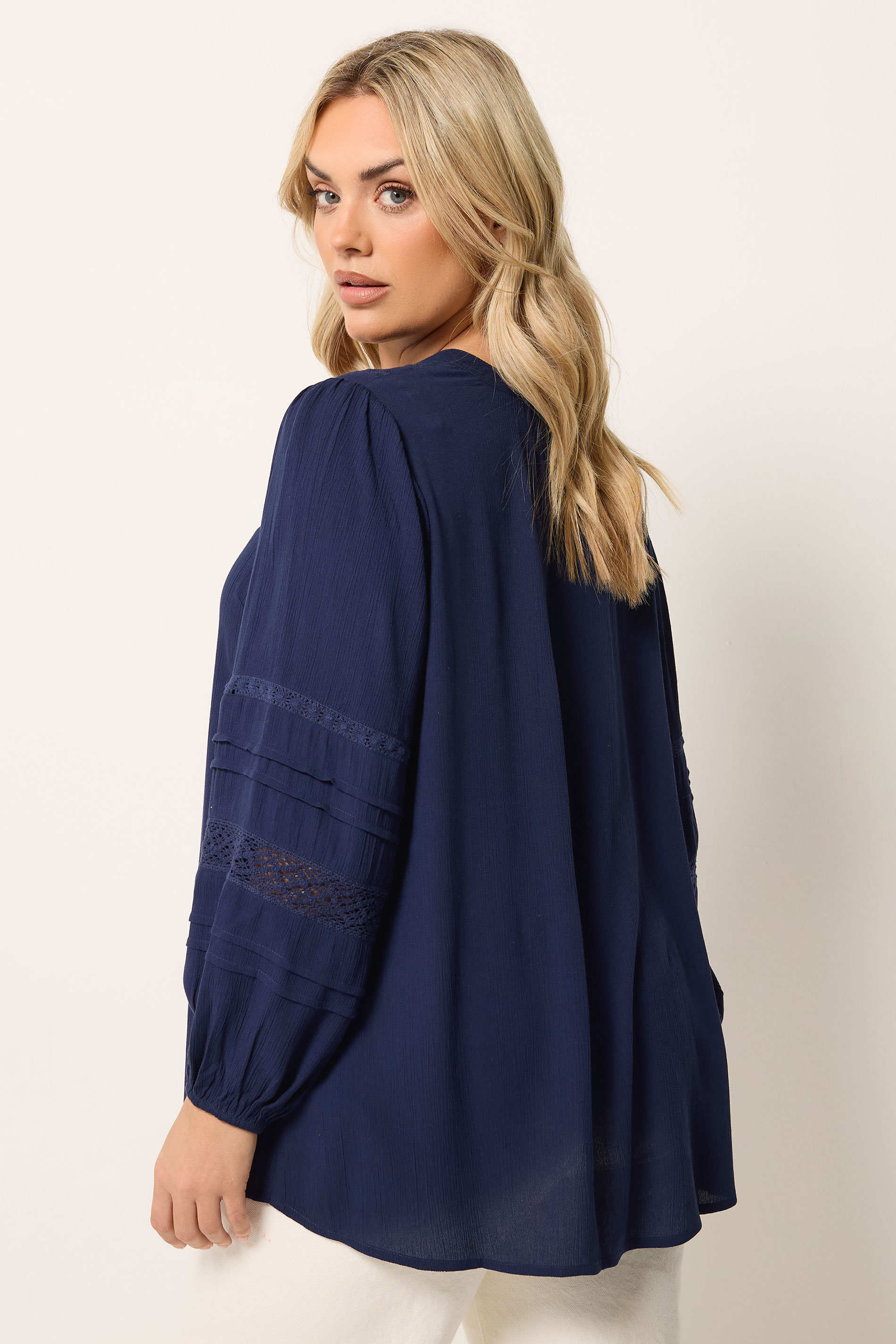 YOURS Curve Navy Blue Notch Neck Crochet Blouse | Yours Clothing  2