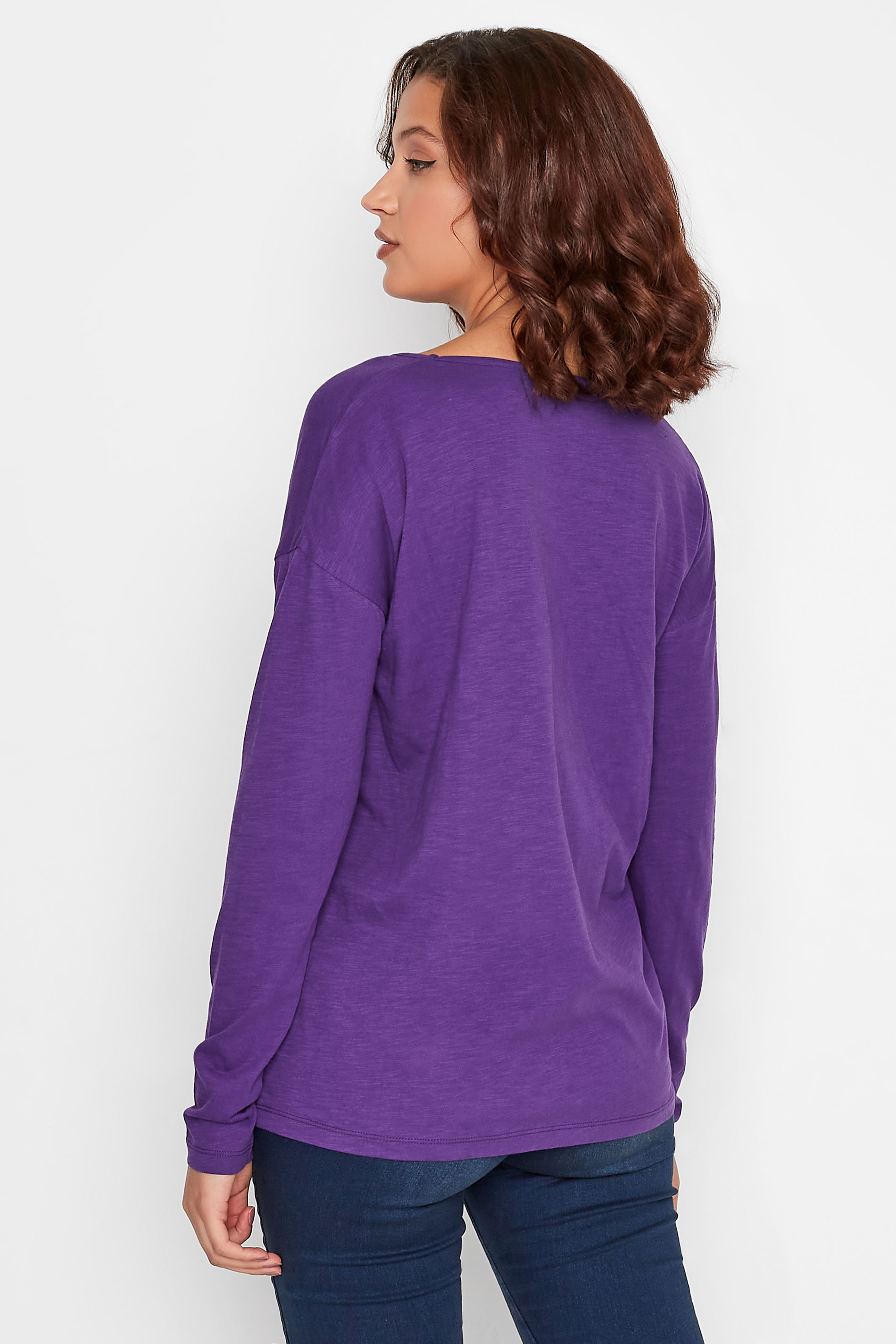 LTS Tall Women's Purple V-Neck Long Sleeve Cotton T-Shirt | Long Tall Sally 3