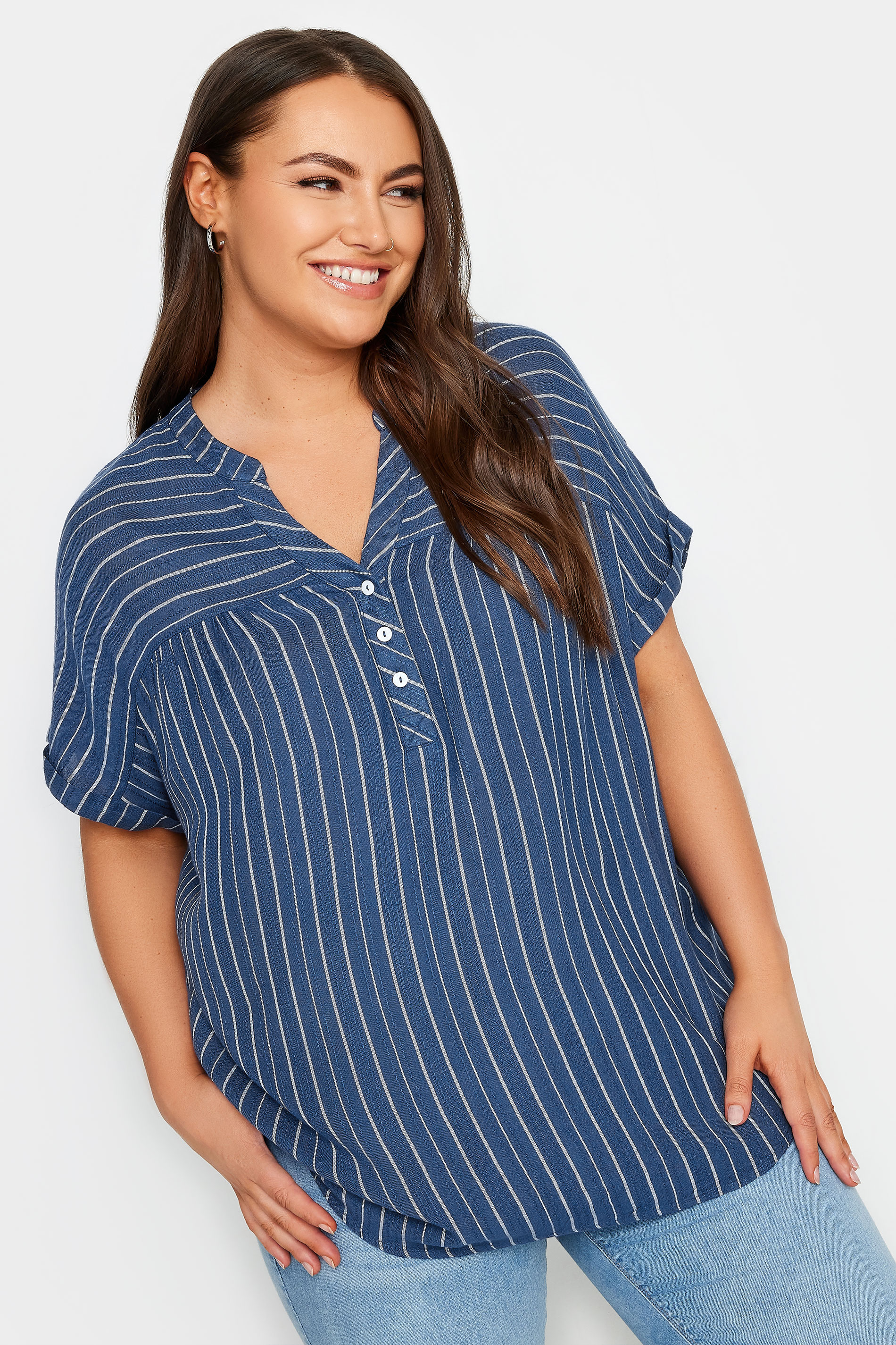 YOURS Plus Size Navy Blue Stripe Notch Neck Blouse | Yours Clothing 1