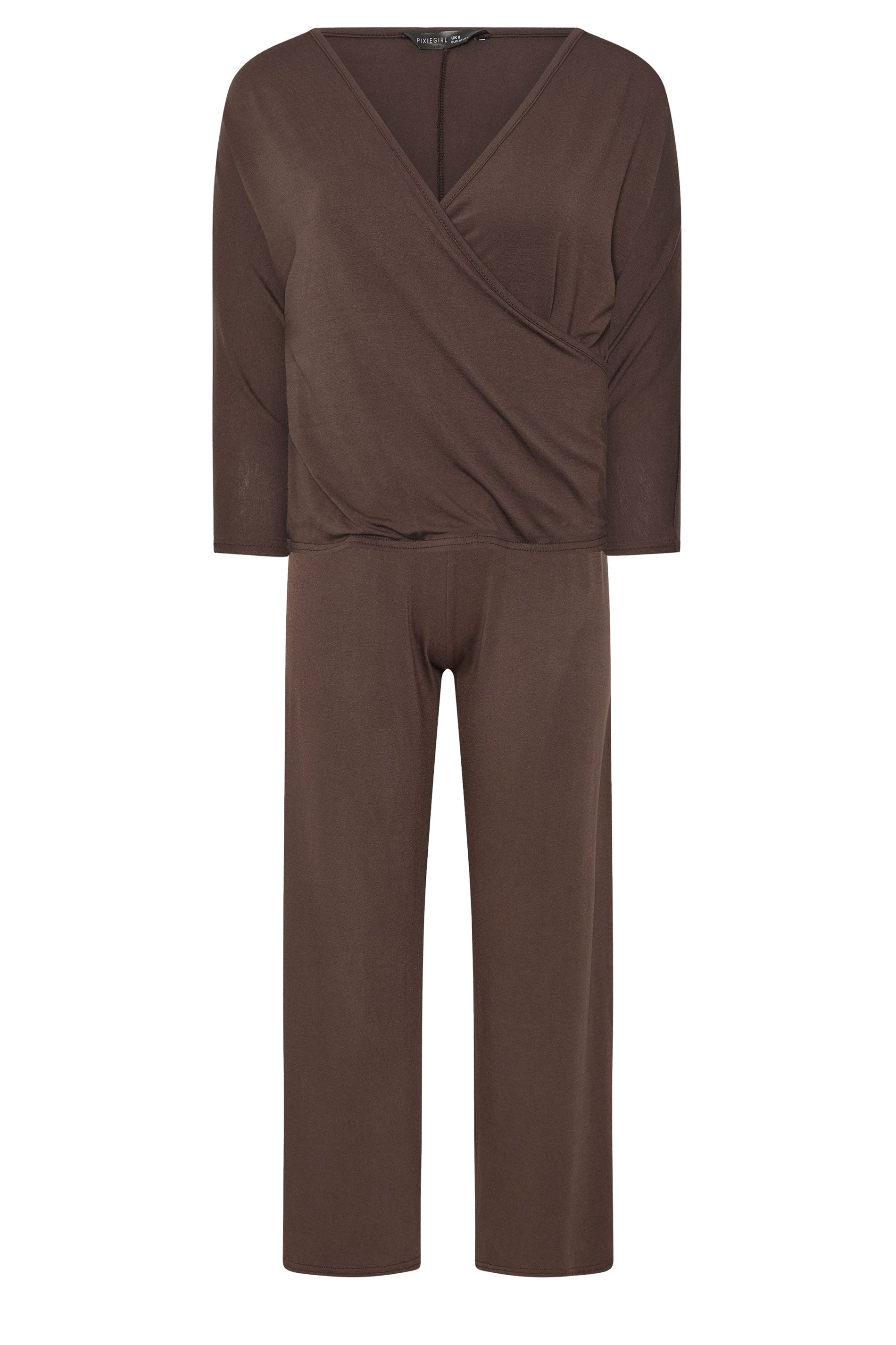 PixieGirl Petite Women's Set Chocolate Brown Wrap Top & Wide Leg Trousers | PixieGirl 5