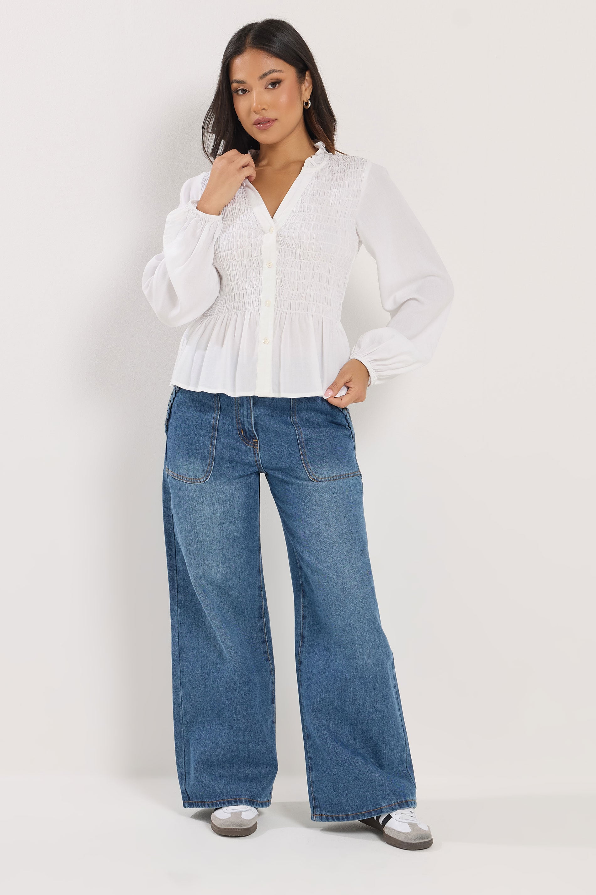PixieGirl Petite Women's White Shirred Long Sleeve Shirt | PixieGirl 2