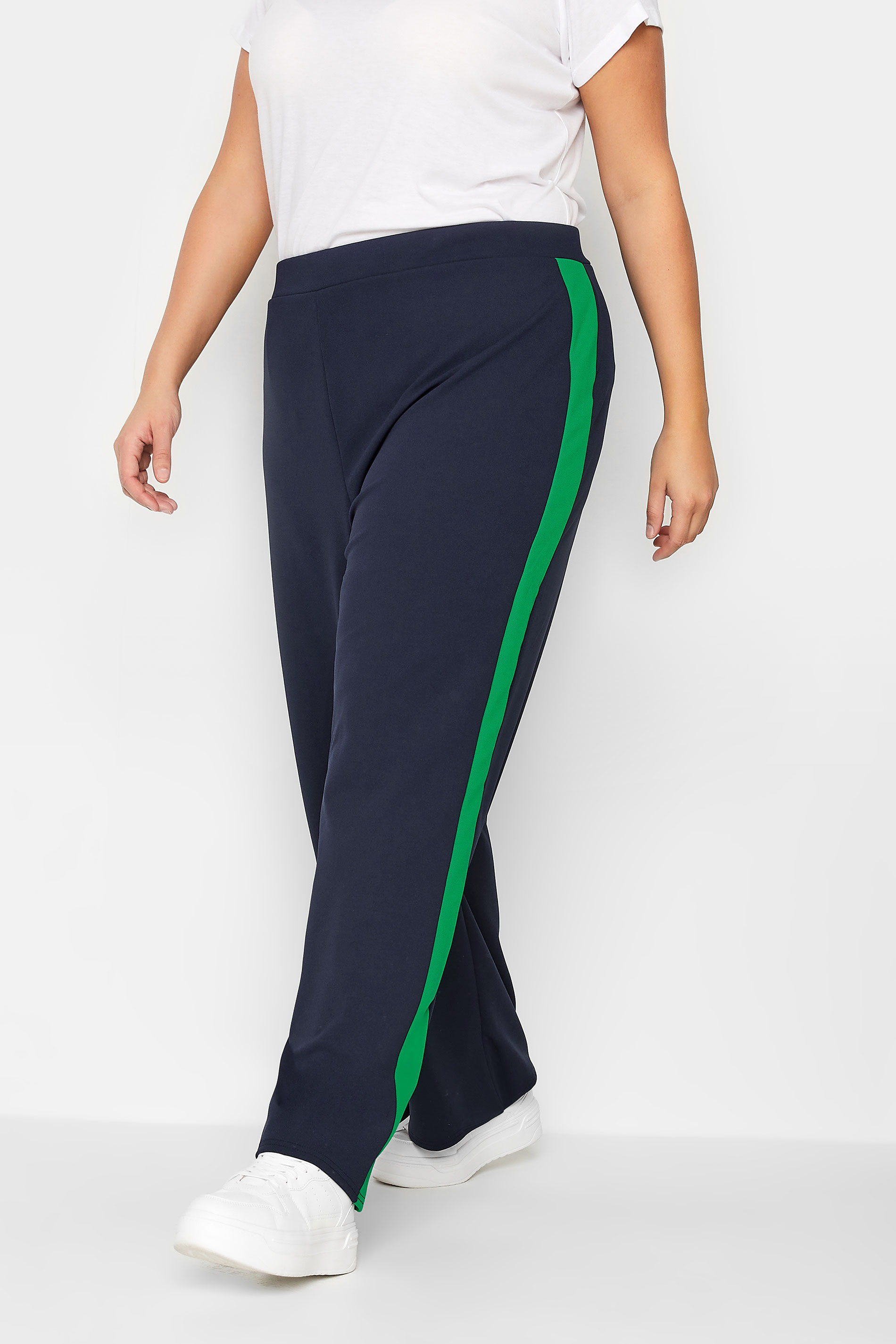YOURS Plus Size Navy Blue Contrast Stripe Super Wide Leg Trousers | Yours Clothing 1