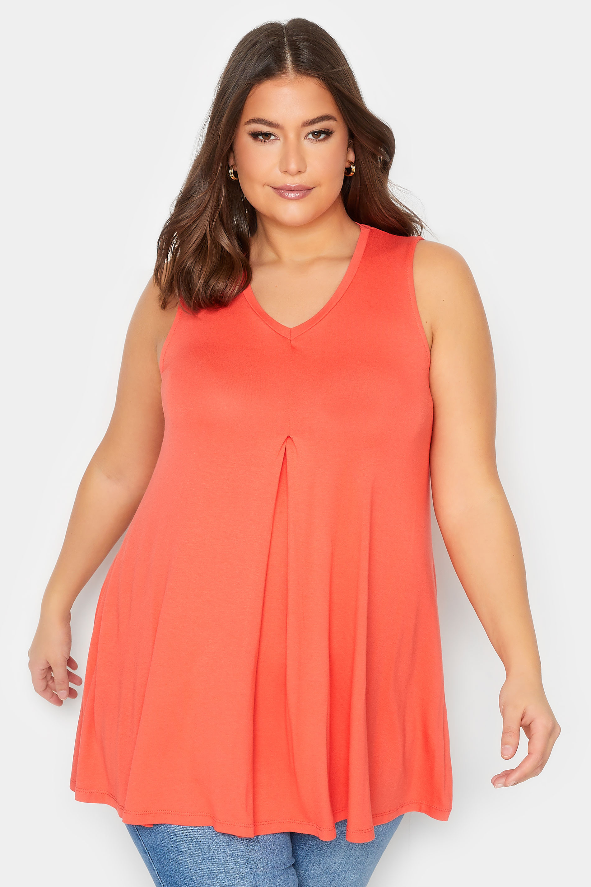 YOURS Curve Plus Size Orange Pleat Swing Vest Top | Yours Clothing  1
