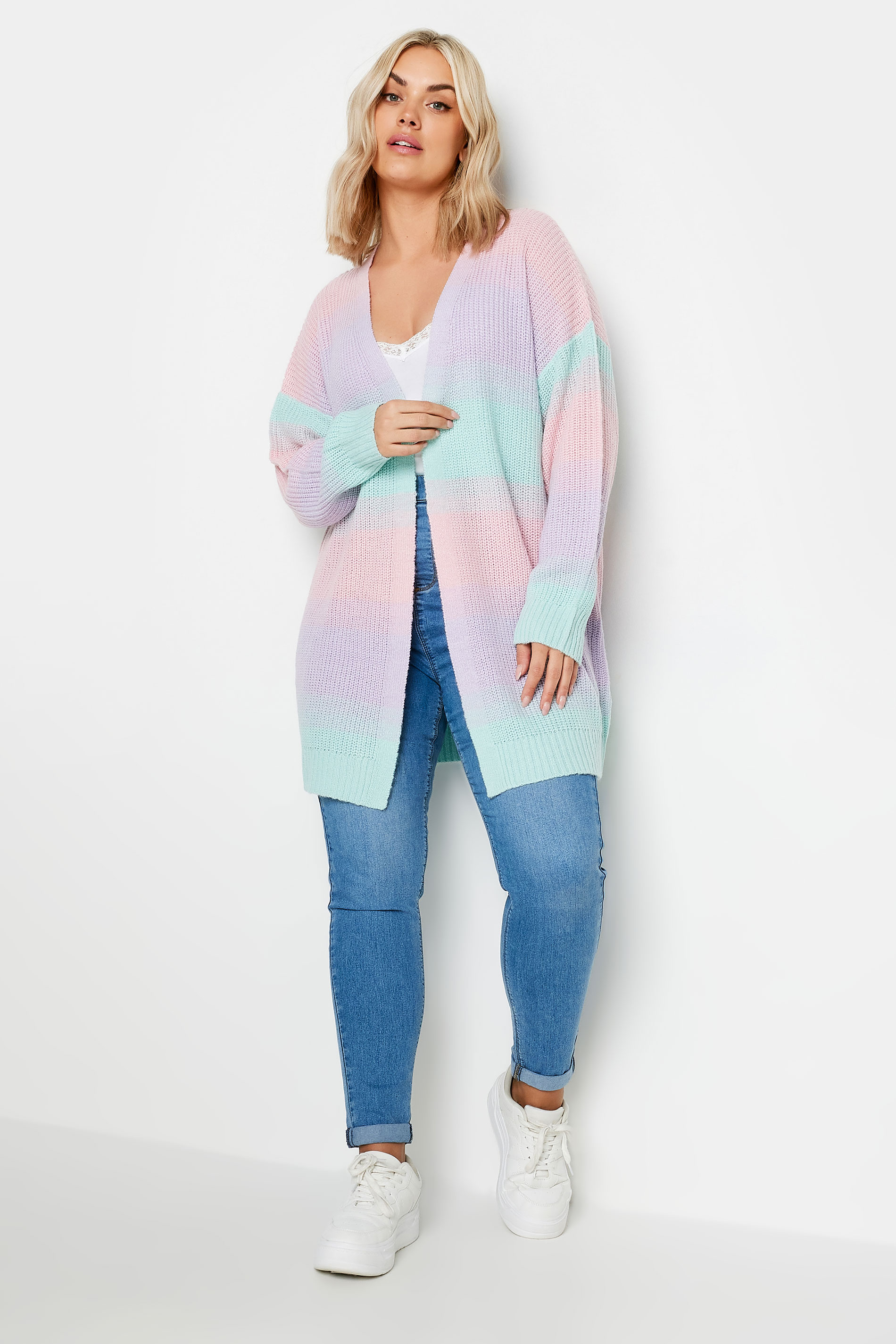 YOURS Plus Size Pastel Pink & Blue Ombre Stripe Knitted Cardigan | Yours Clothing 2