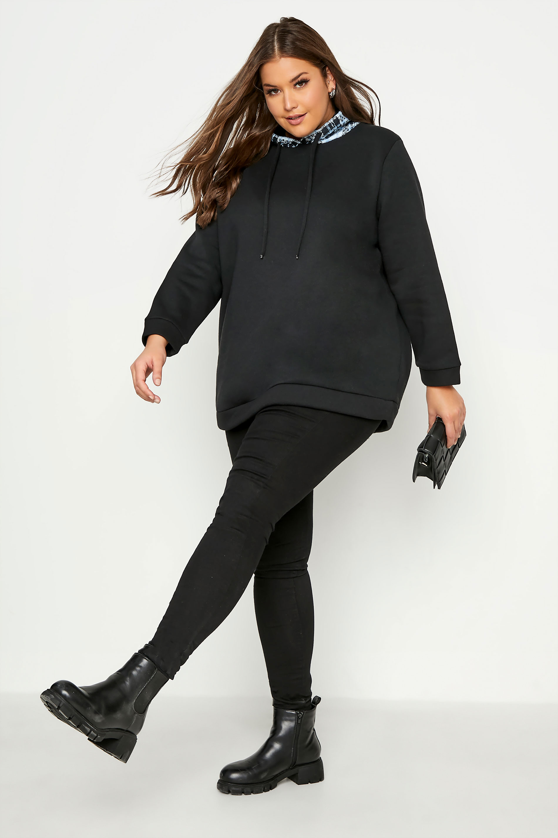 Plus Size Black Check Detail Hoodie | Yours Clothing 2