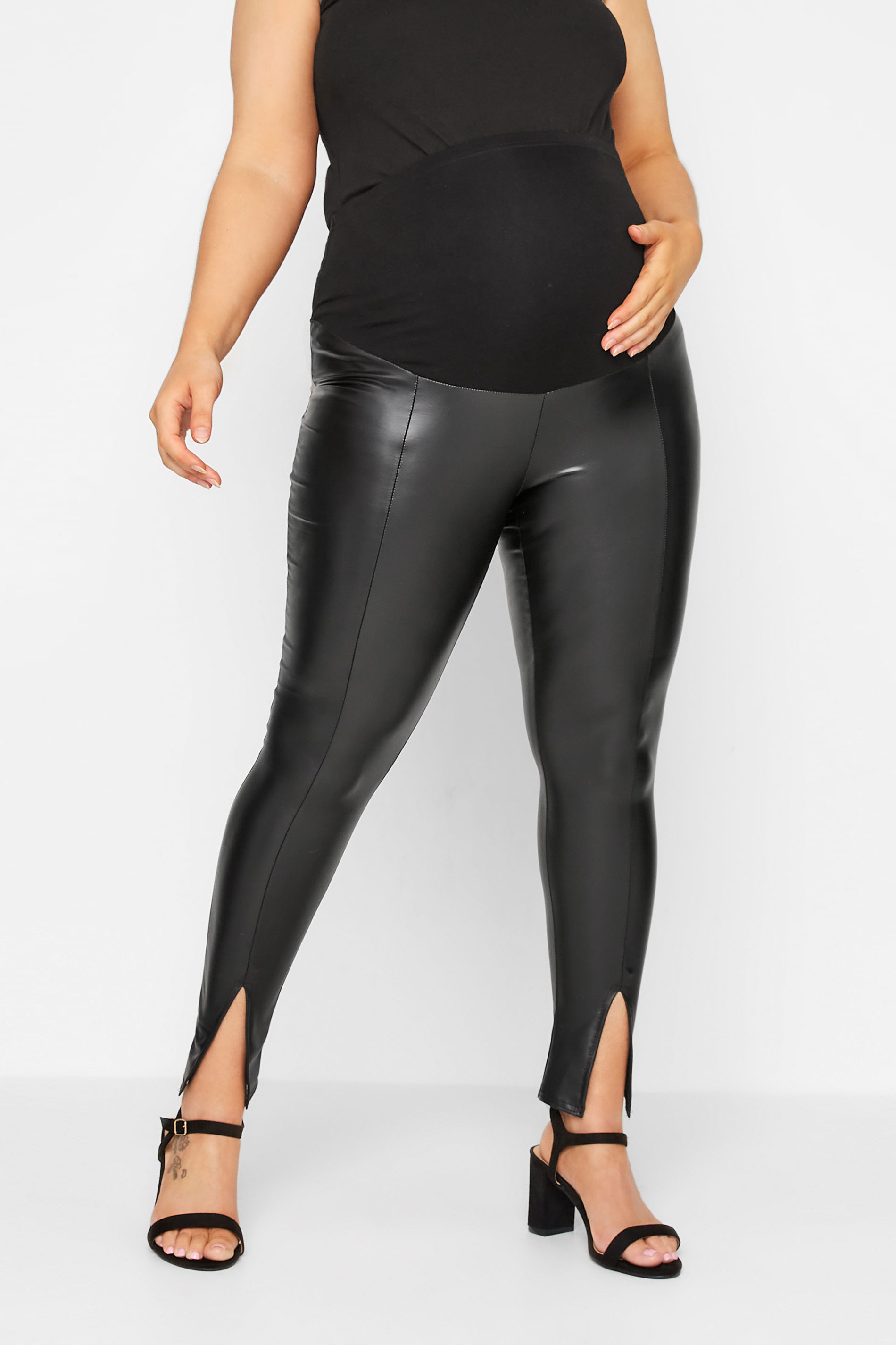 BUMP IT UP MATERNITY Plus Size Black Coated Split Front Leggings | Yours Clothing 1