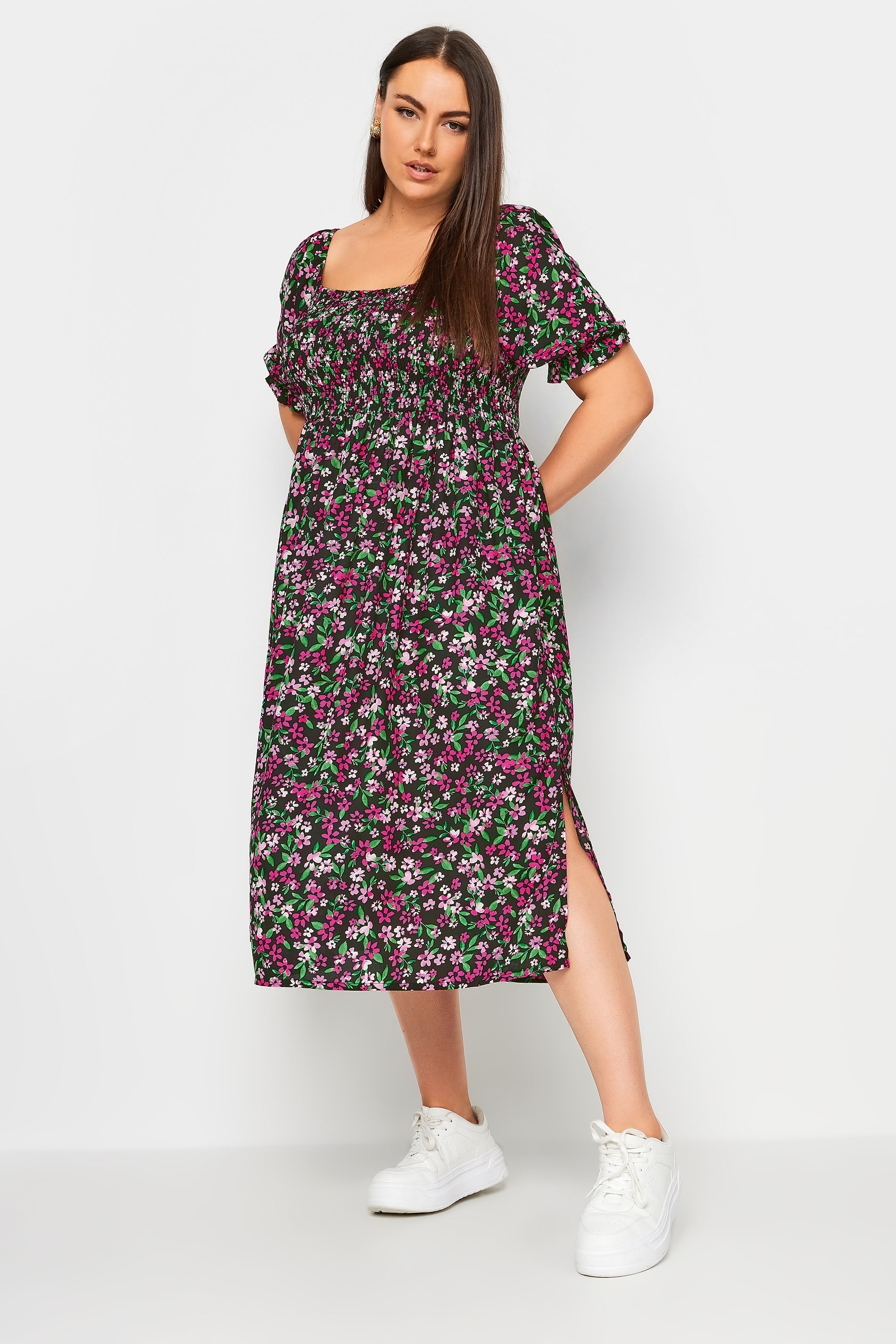 YOURS Plus Size Black & Pink Ditsy Floral Print Shirred Midaxi Dress | Yours Clothing 3