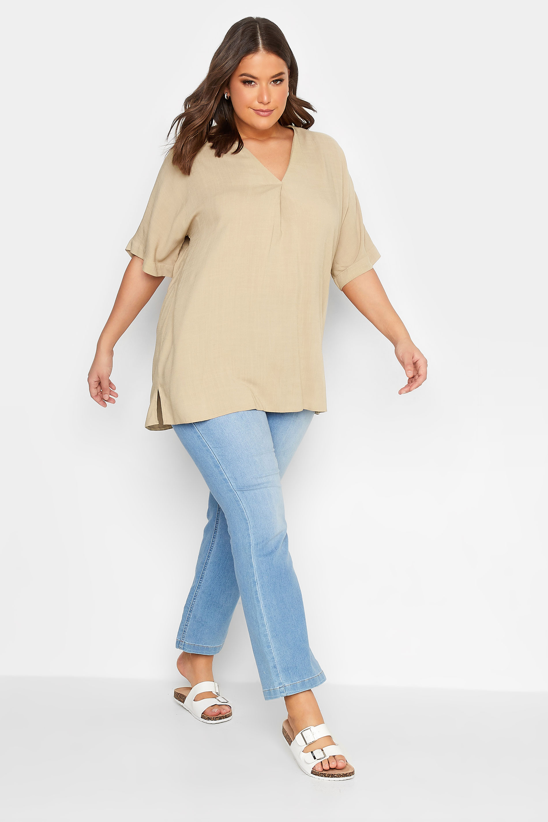 YOURS Curve Plus Size Beige Brown V-Neck Top | Yours Clothing  2