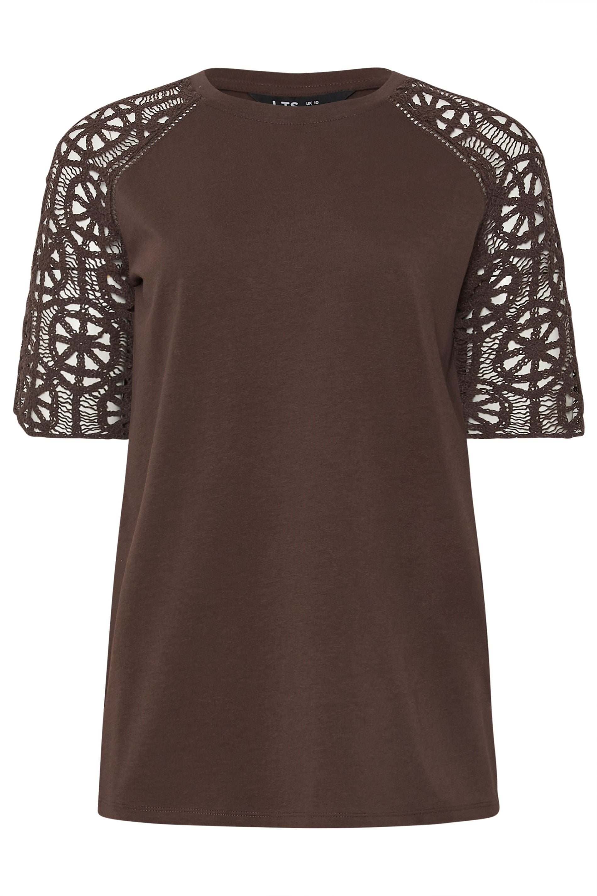 LTS Tall Women's Chocolate Brown Crochet Raglan Cotton T-Shirt | Long Tall Sally 5