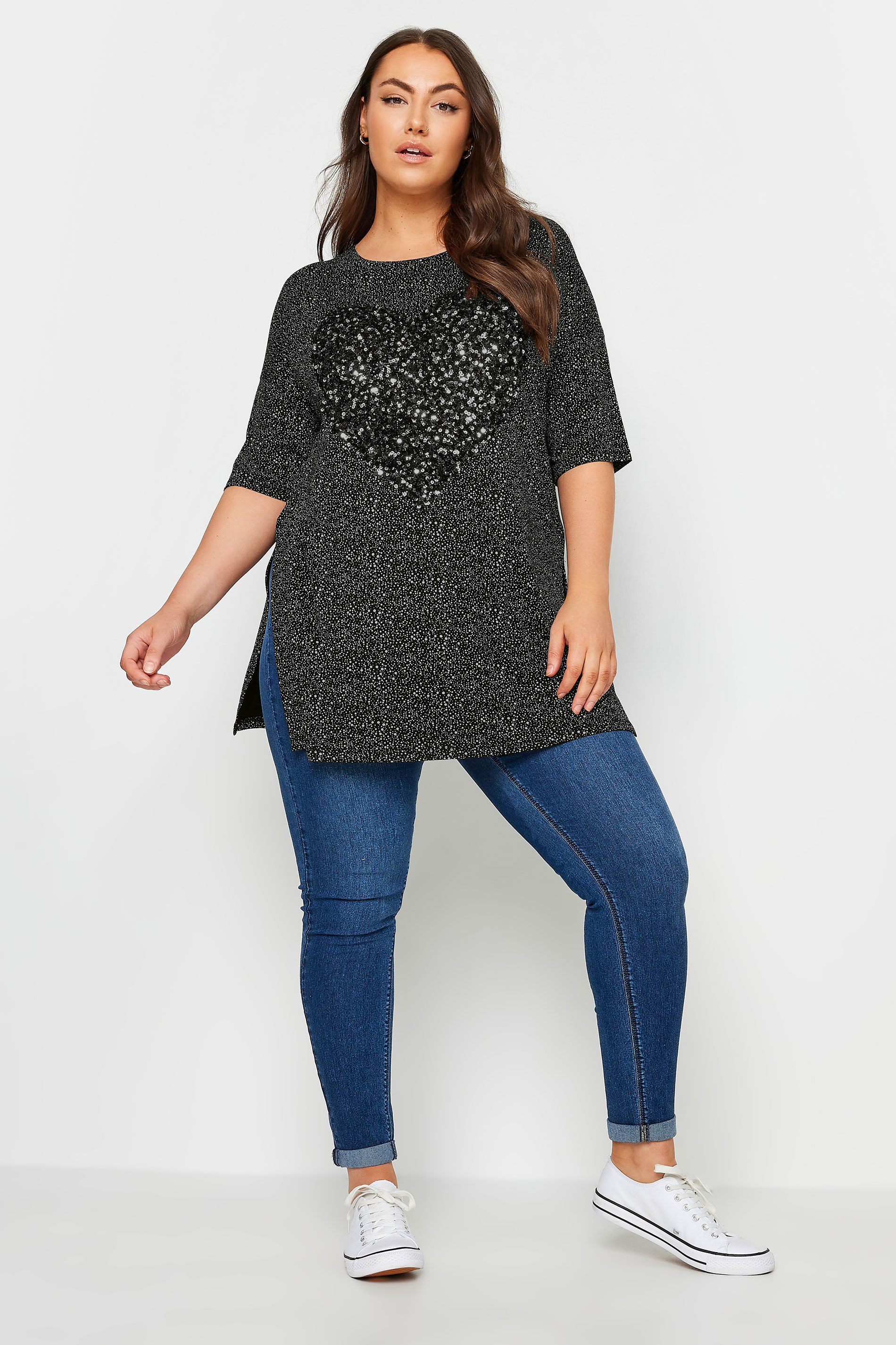 YOURS Plus Size Black Heart Sequin Embellished Top | Yours Clothing 2