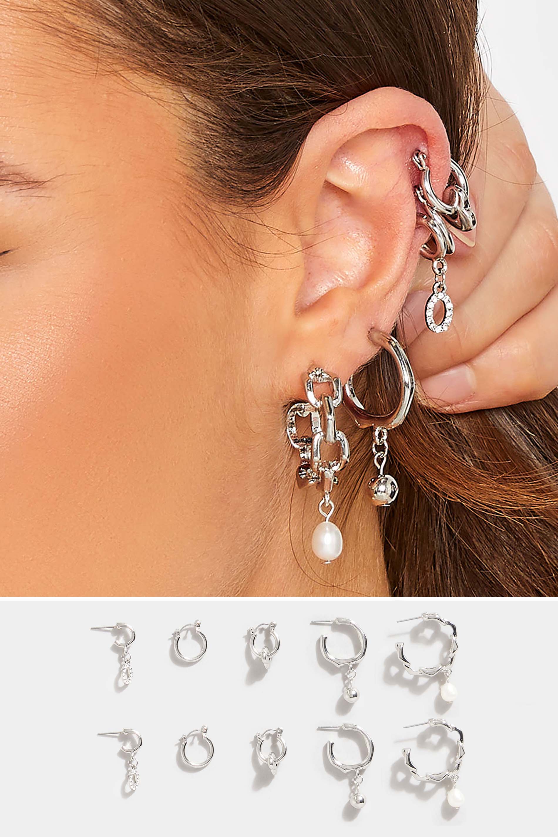 5 Pack Silver Hoop Ear Cuff Earrings | Yours Clothing 1
