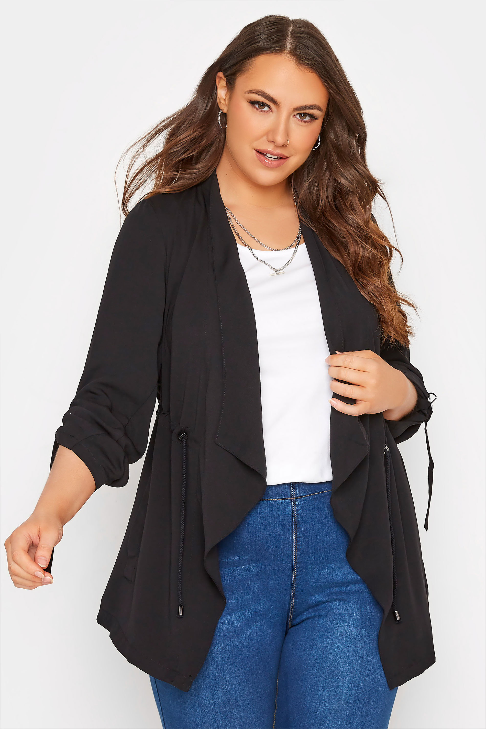 Plus Size Black Tab Sleeve Waterfall Jacket | Yours Clothing 1