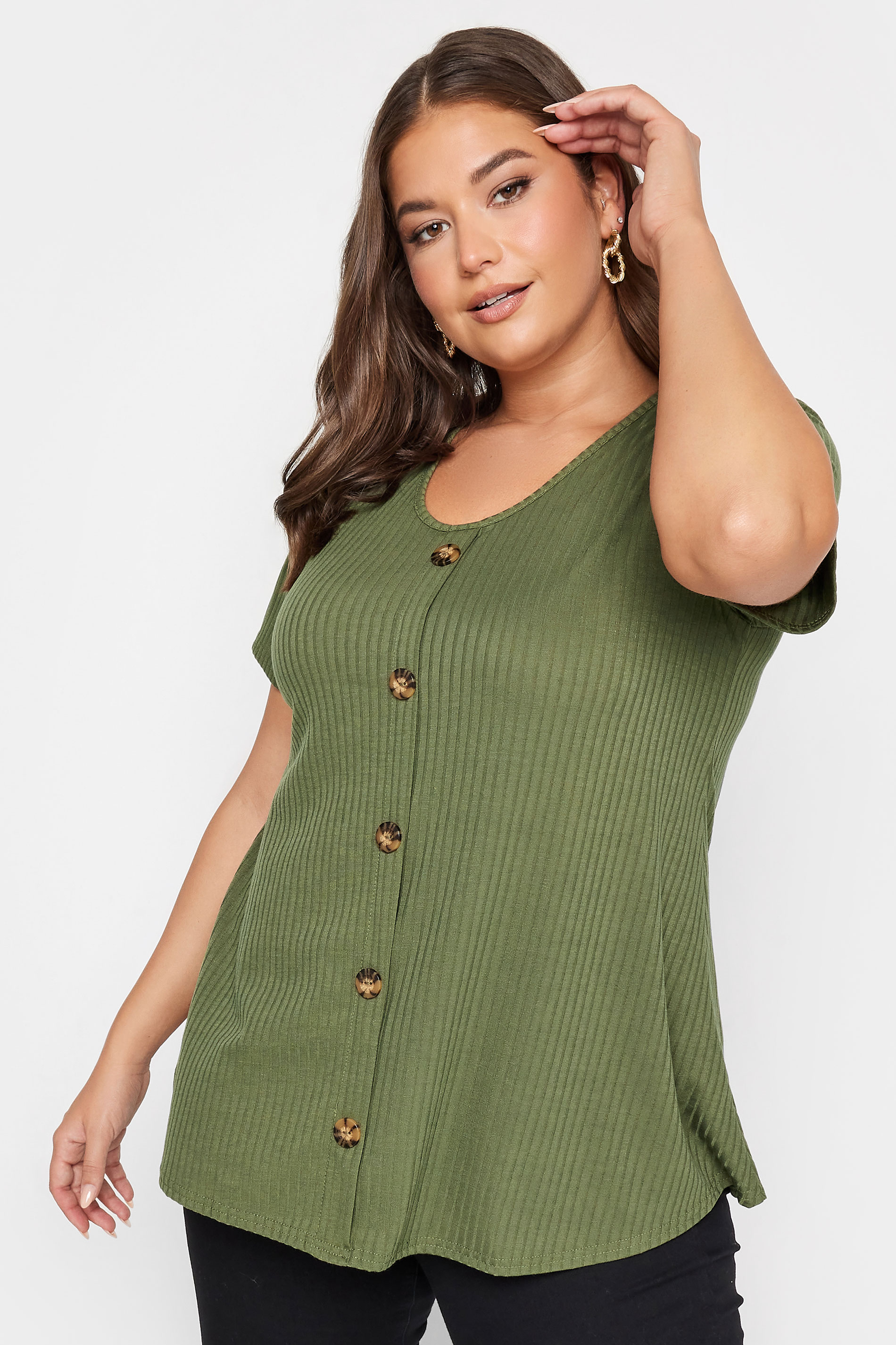LIMITED COLLECTION Curve Plus Size 2 PACK Khaki Green & Black Ribbed Swing Tops | Yours Clothing  2