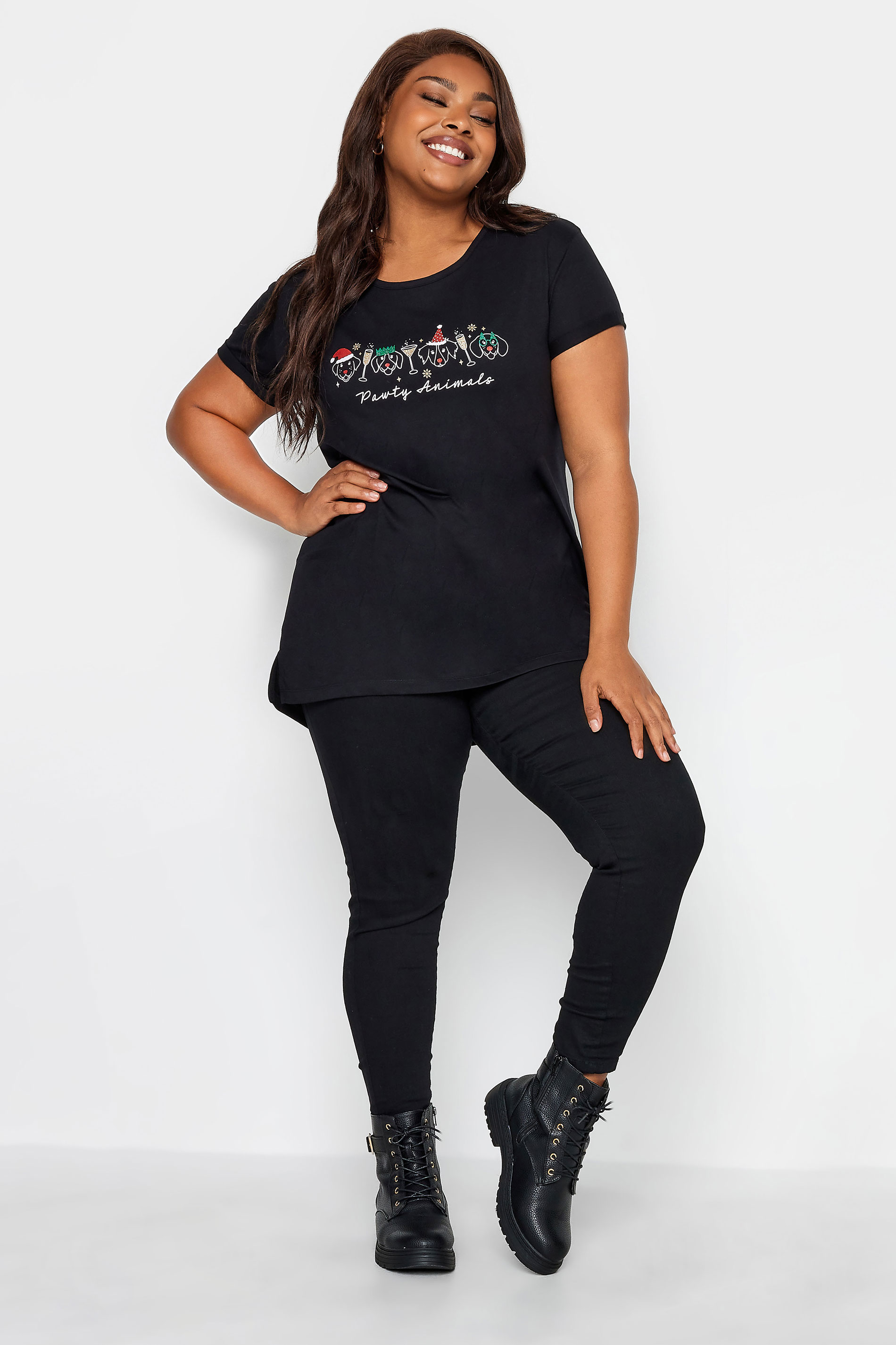 YOURS Plus Size Black 'Party Animals' Novelty Christmas T-Shirt | Yours Clothing 2
