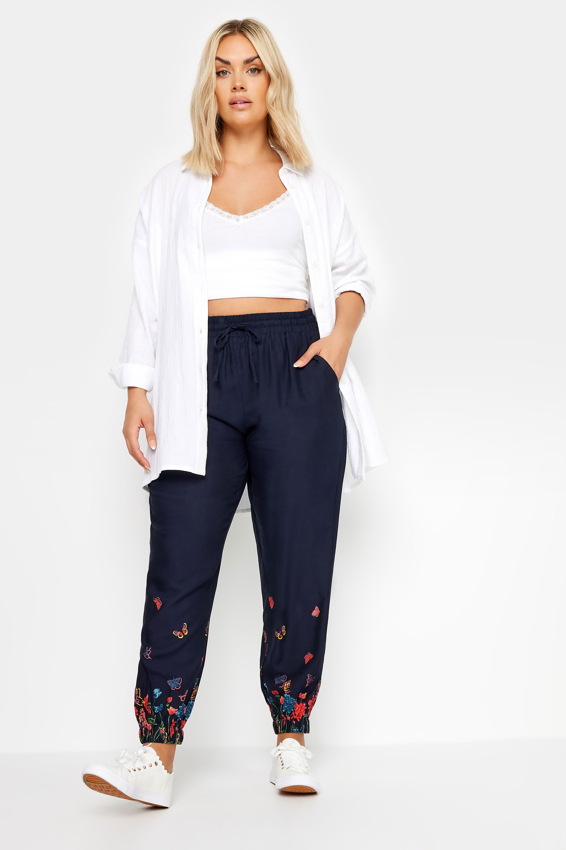 YOURS Plus Size Navy Blue Butterfly Print Border Joggers | Yours Clothing 2