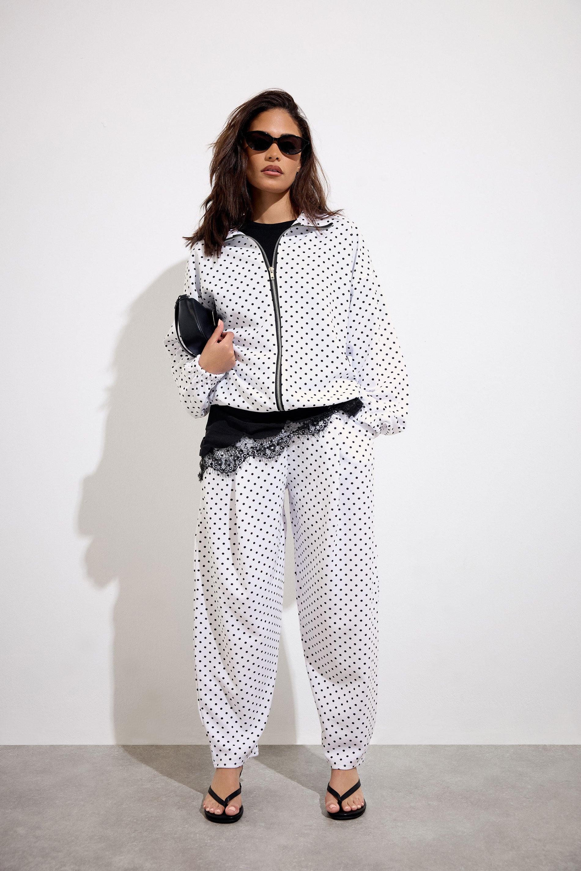 PixieGirl Petite Women's White Polka Dot Textured Funnel Neck Jacket | PixieGirl 3