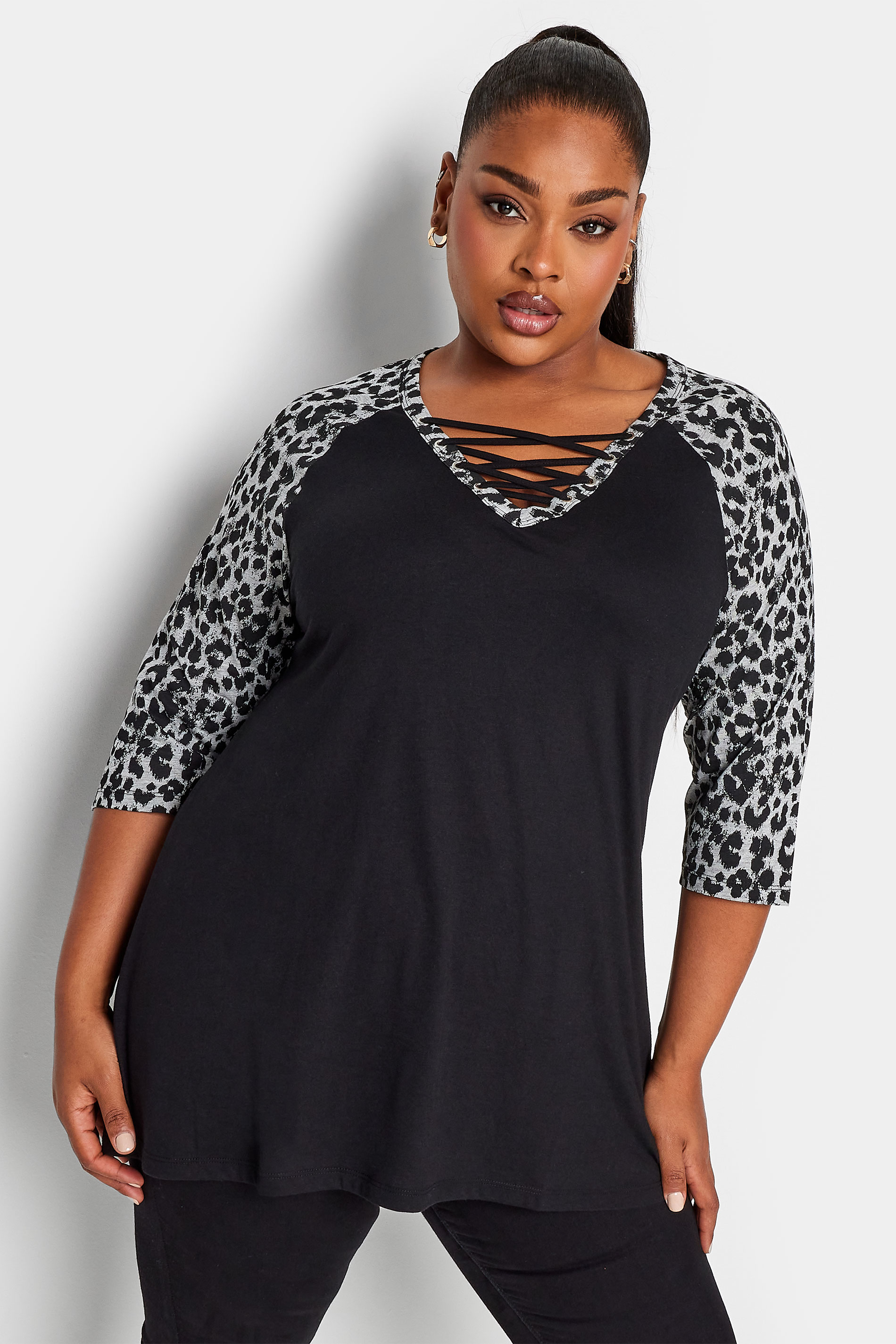 YOURS Plus Size Black Leopard Print Lace Up Eyelet Top | Yours Clothing 1