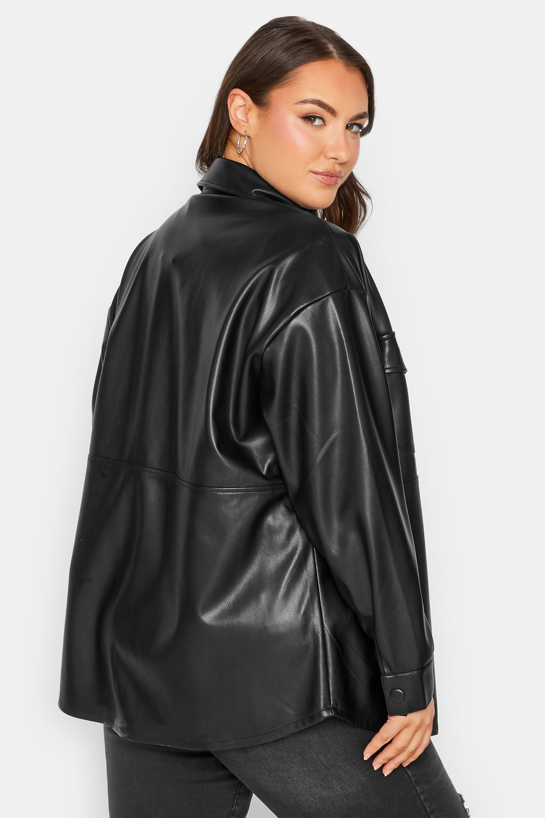 YOURS Plus Size Black Faux Leather Shacket | Yours Clothing 3