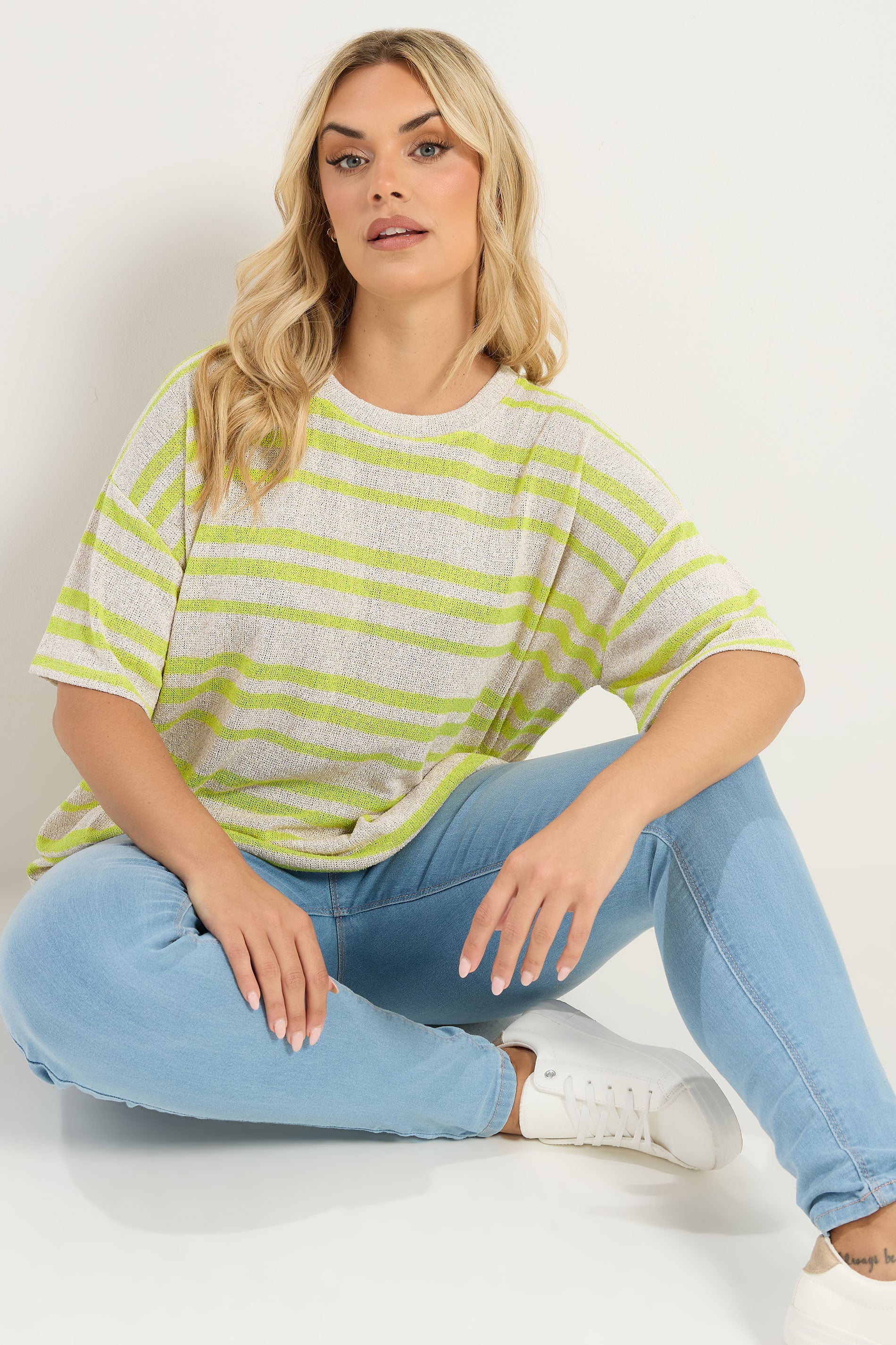 YOURS Plus Size Women's Green Striped Knitted Boxy T-Shirt | Yours Clothing 3