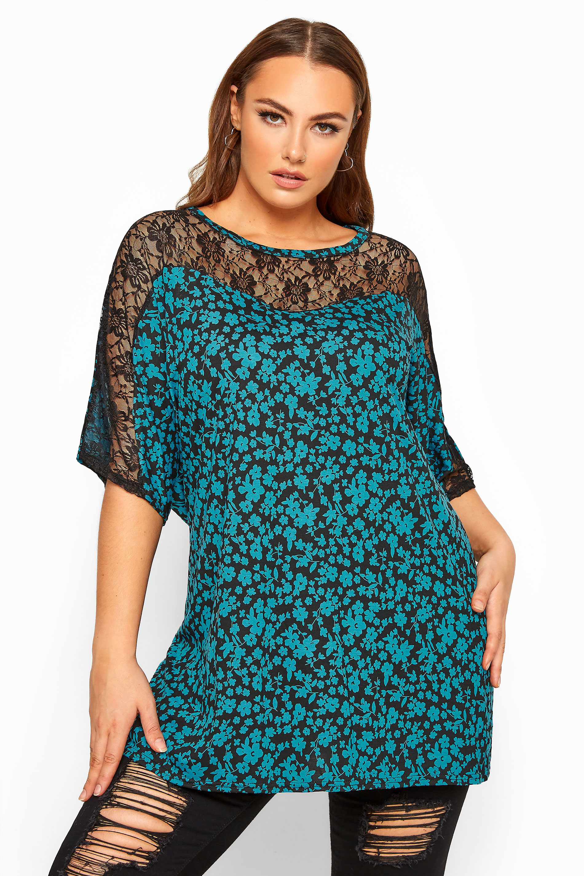 LIMITED COLLECTION Teal Blue Floral Lace Insert Top | Yours Clothing