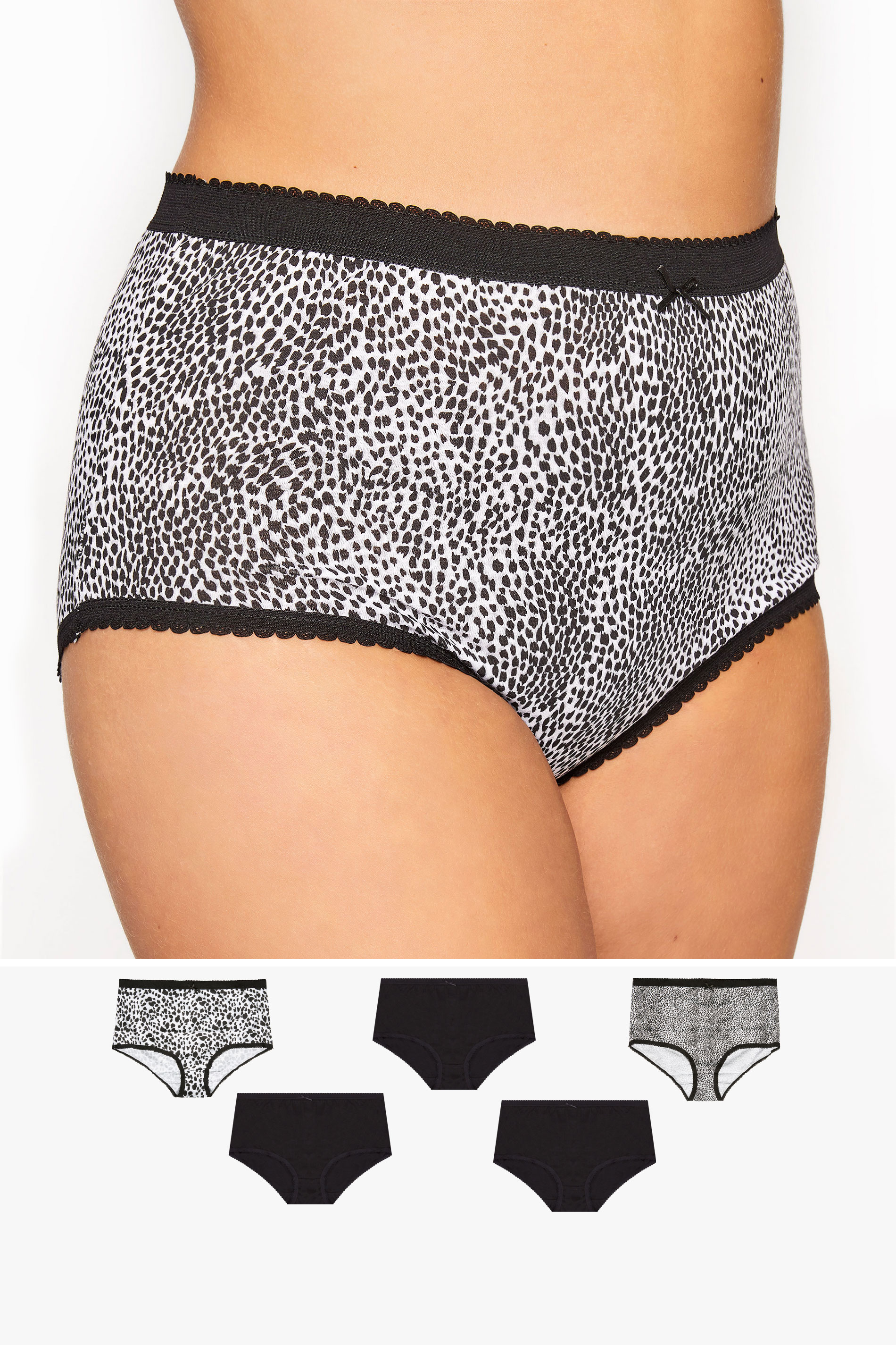 5 PACK Black & White Leopard Print High Waisted Full Briefs | Yours Clothing 1