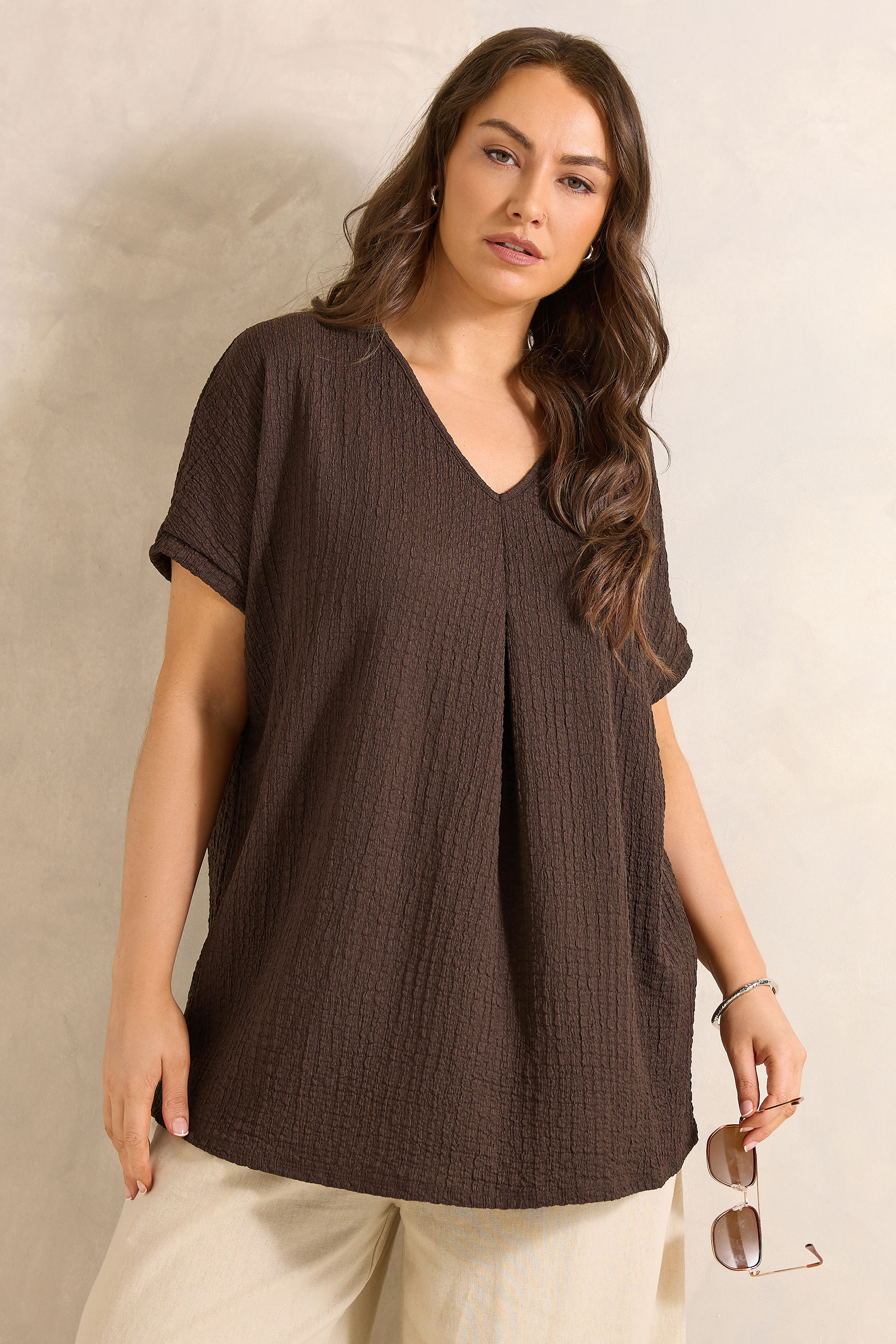 EVANS Curve Chocolate Brown Plisse Pleat Top  1
