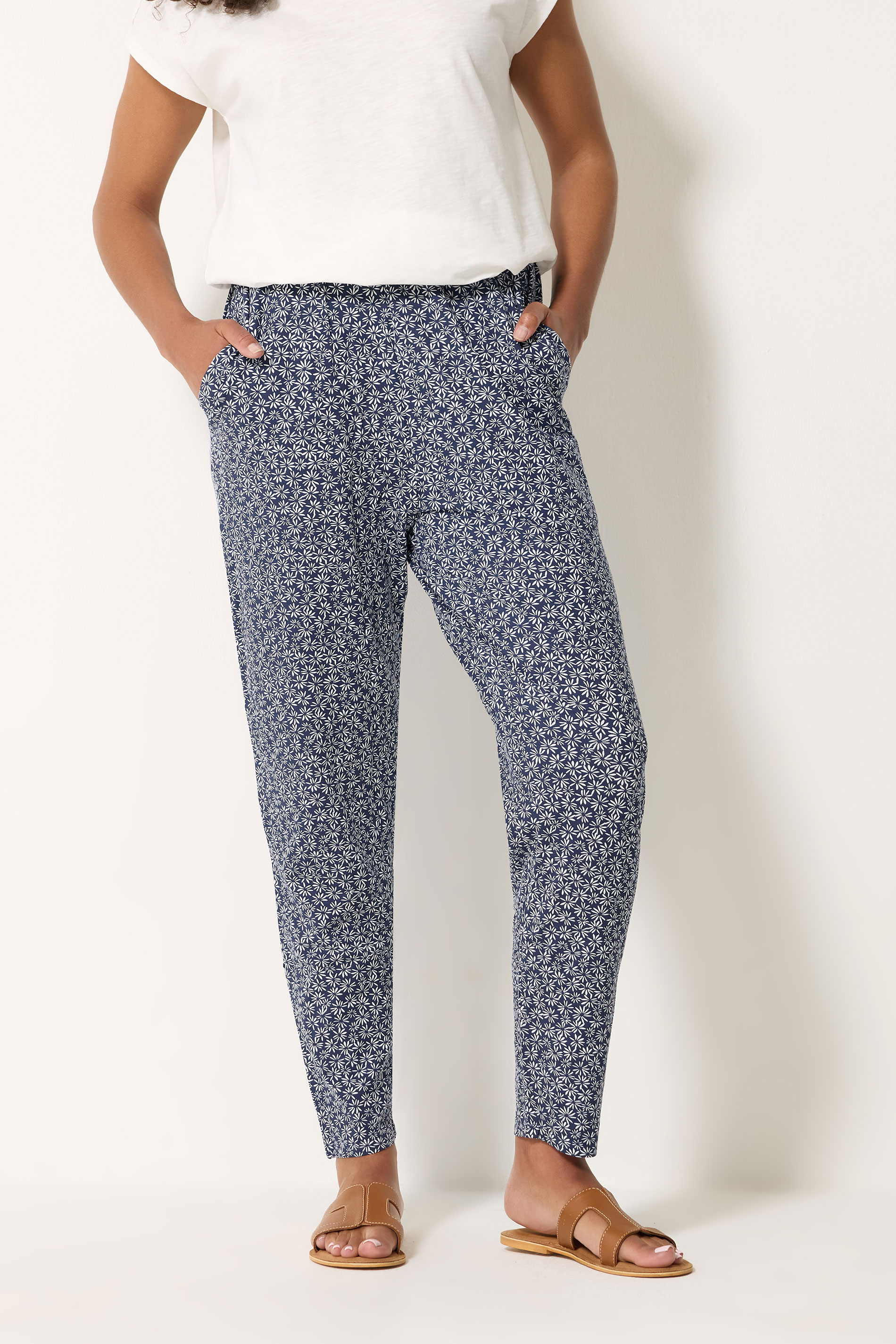 M&Co Navy Blue Ditsy Floral Cropped Hareem Trousers | M&Co 3