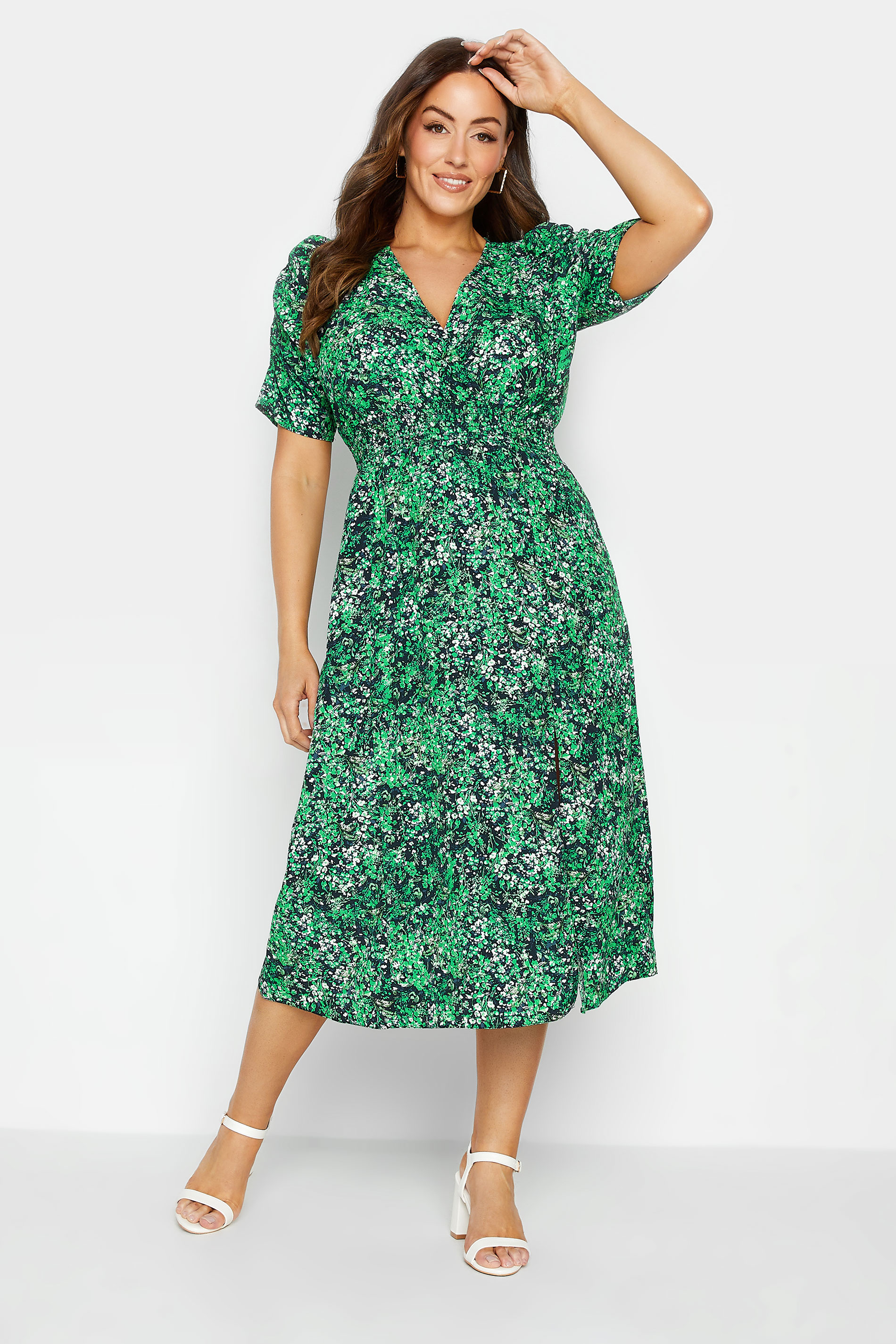 M&Co Green Floral Print Shirred Waist Midi Dress | M&Co