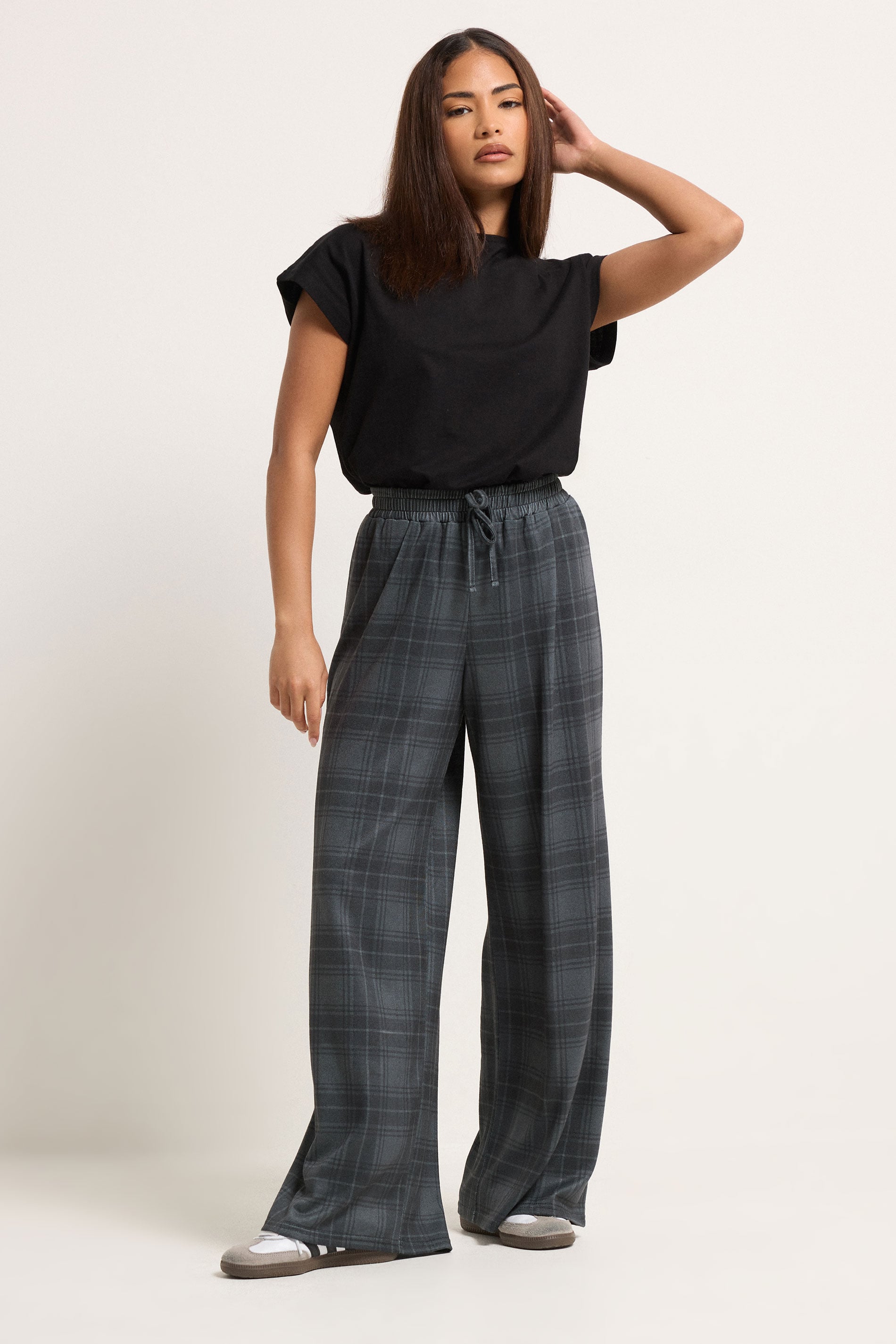 PixieGirl Petite Women's Grey Check Brushed Wide Leg Trousers | PixieGirl 1