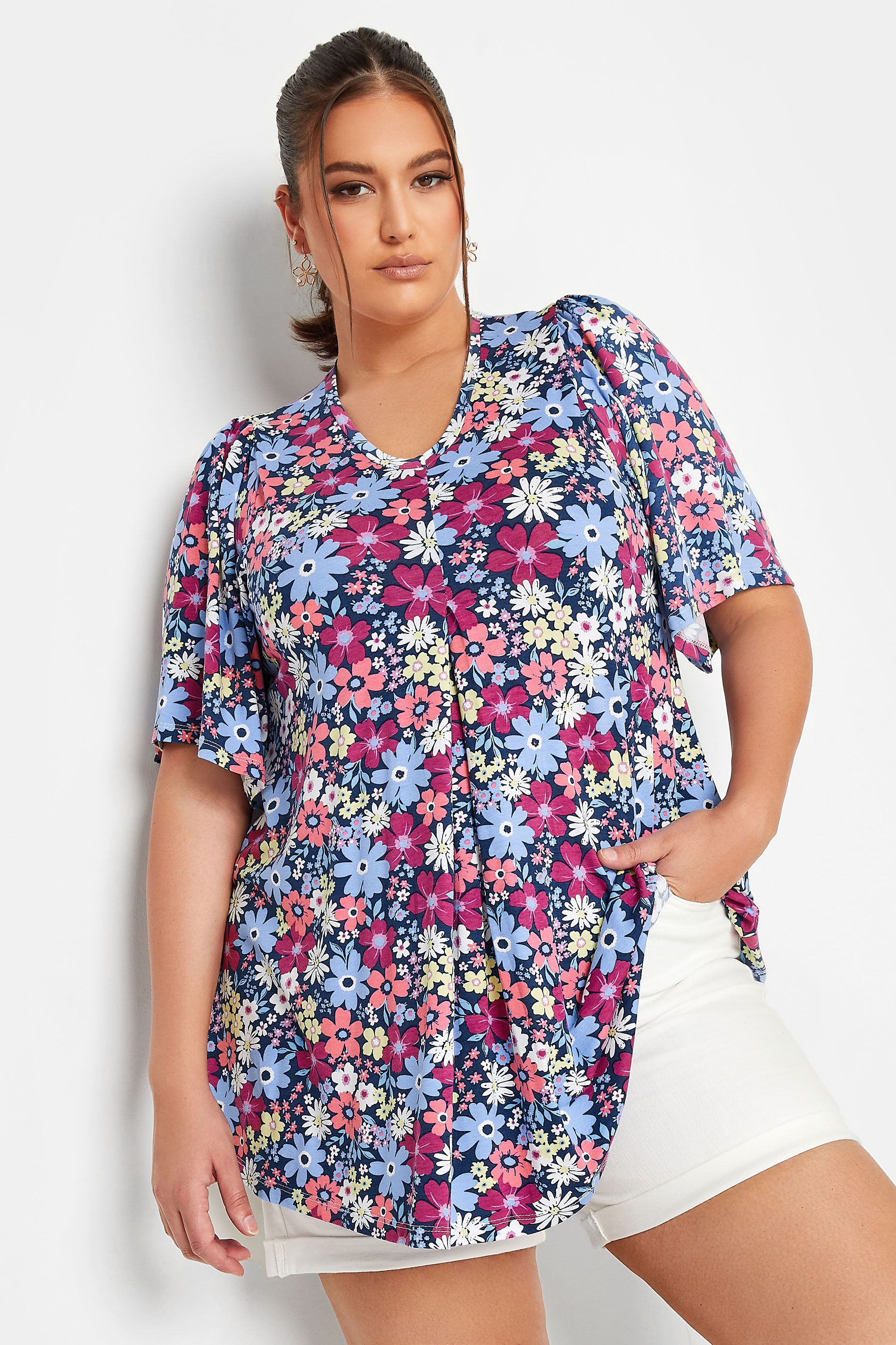 YOURS Curve Plus Size Pink Floral Pleat Front Top | Yours Clothing  1