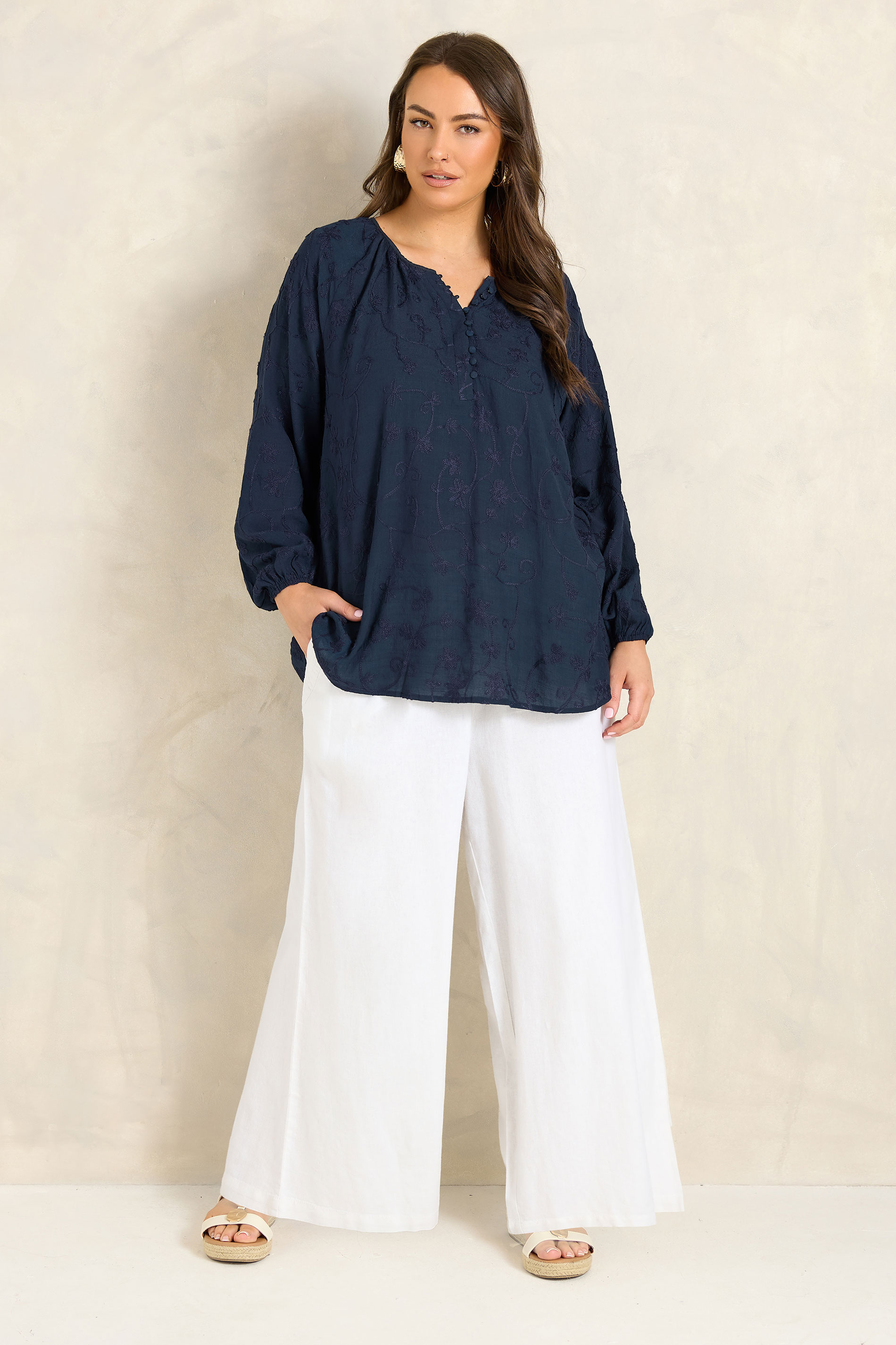 EVANS Plus Size Navy Blue Floral Embroidered Blouse | Evans 2