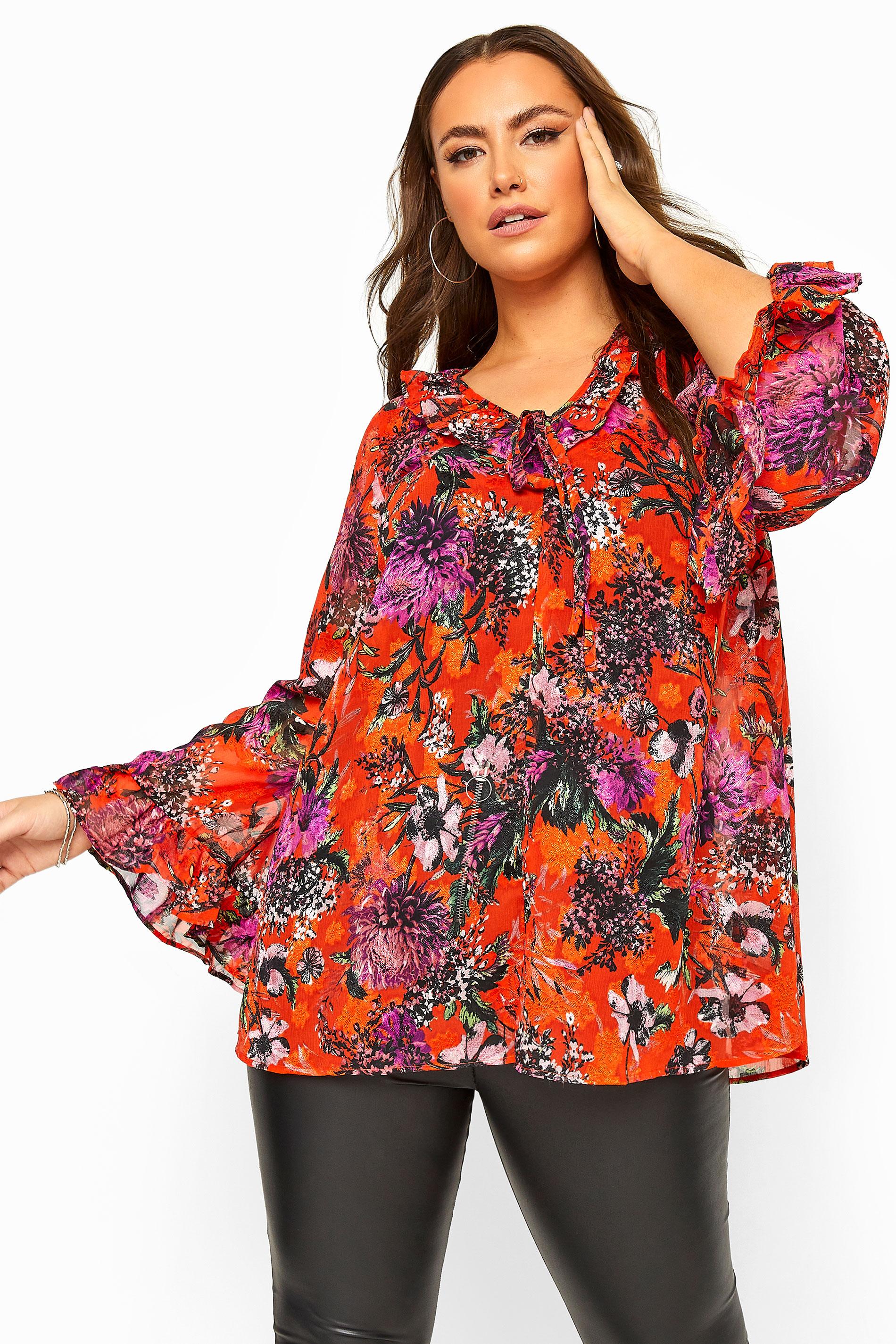 Red Floral Flare Sleeve Chiffon Top Yours Clothing